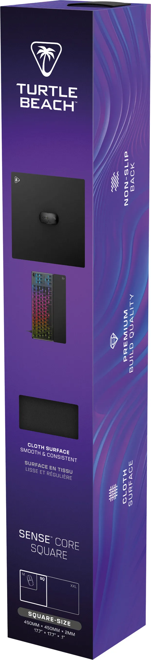 Boîte de tapis de souris Turtle Beach Sense Core Square violette et bleue.