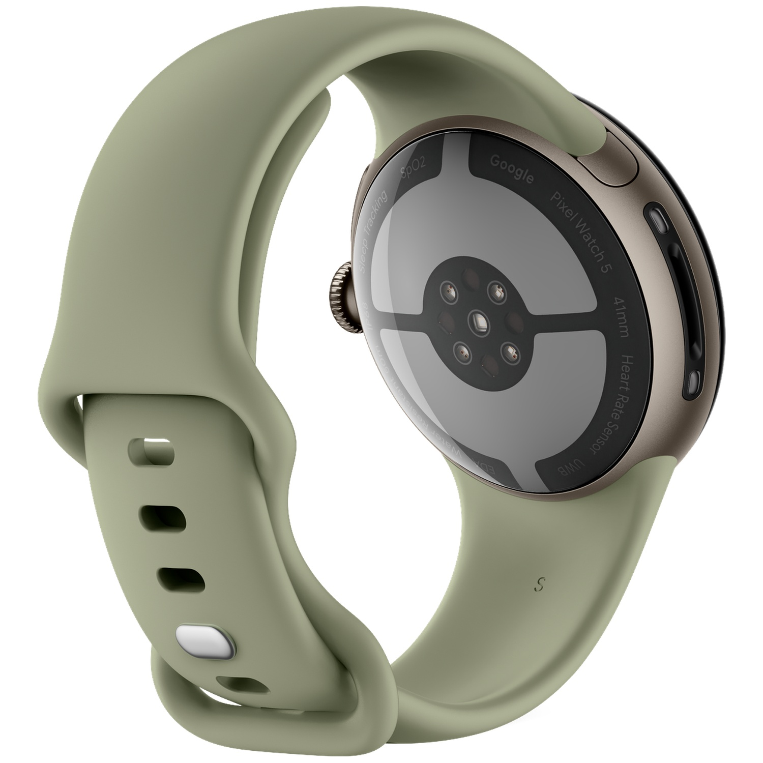 Achterkant van een groene smartwatch met sensoren op een witte achtergrond.