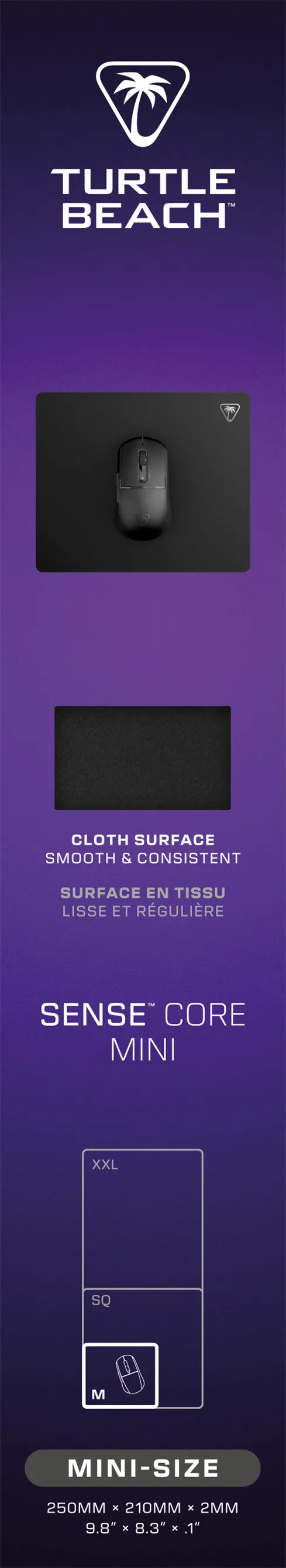 Tapis de souris Turtle Beach Sense Core Mini avec surface en tissu et taille mini.