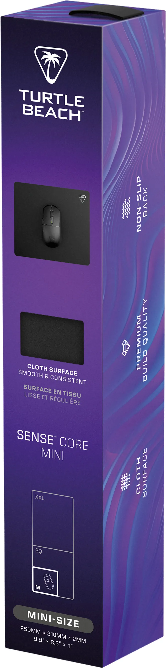 Boîte de tapis de souris Turtle Beach Sense Core Mini violette avec détails et graphique de souris.