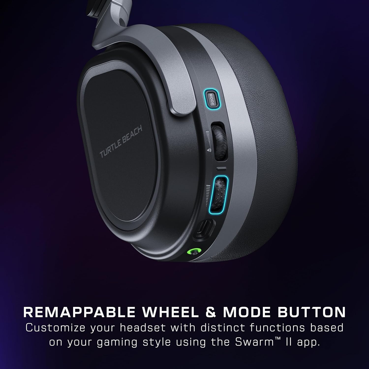 Gros plan d'un écouteur de casque gaming Turtle Beach avec des boutons et des molettes.