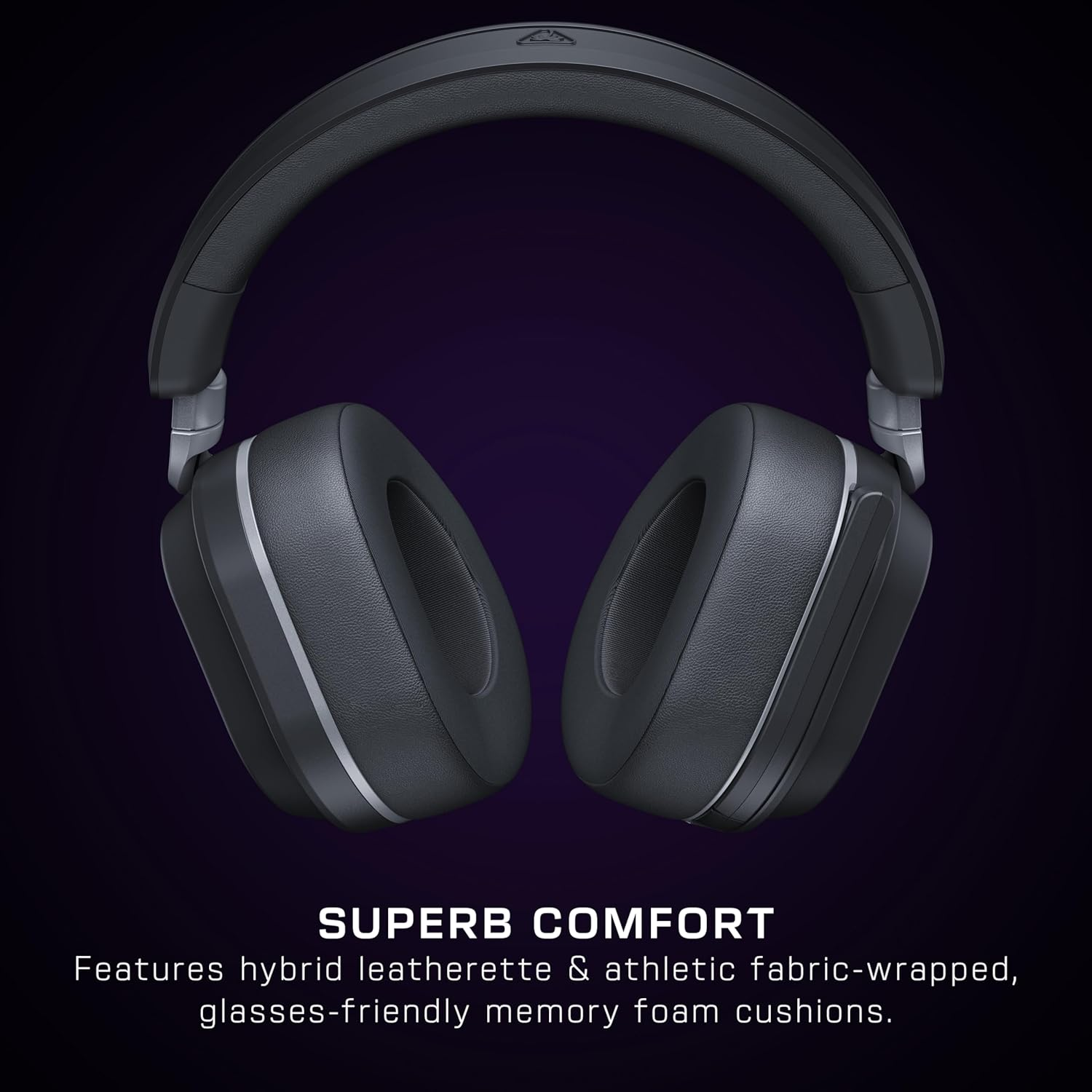 Casque supra-auriculaire noir avec coussinets en mousse à mémoire sur fond sombre.