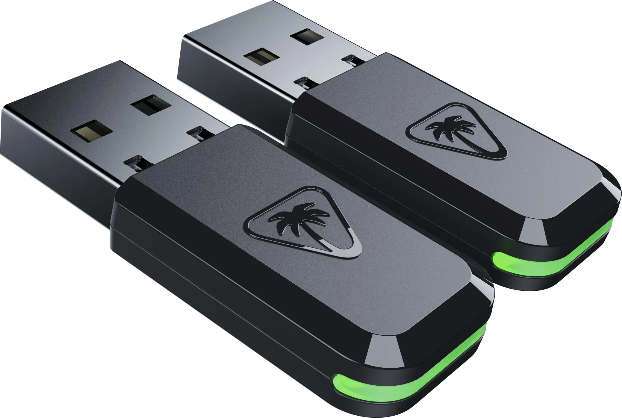 Deux clés USB noires avec un logo de palmier et une lumière LED verte sur fond blanc.