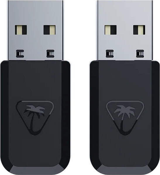 Deux clés USB noires avec un logo et des connecteurs argentés sur fond noir.