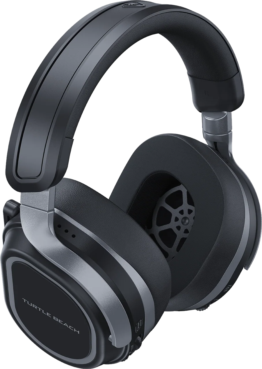 Casque de jeu supra-auriculaire Turtle Beach noir avec des accents argentés sur fond noir.