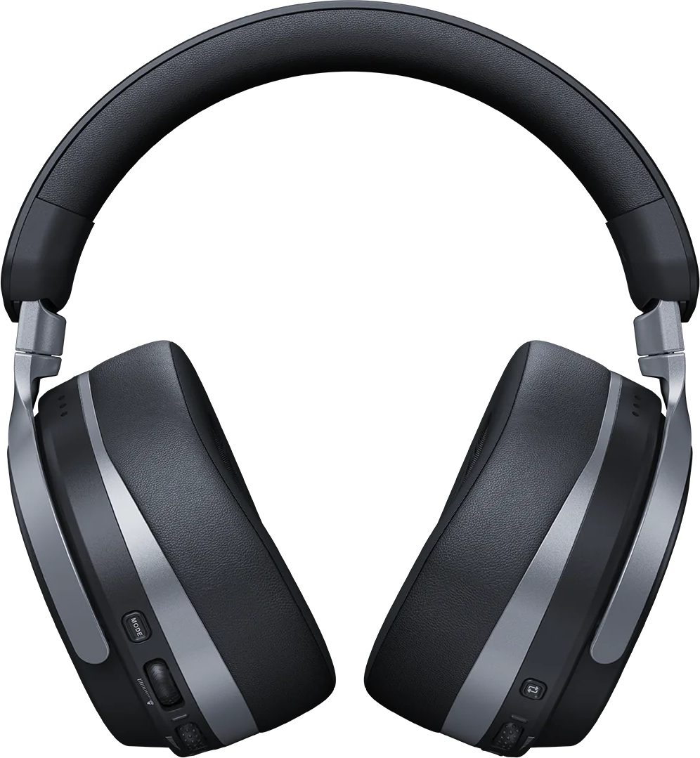 Casque supra-auriculaire noir et argenté sur fond noir.