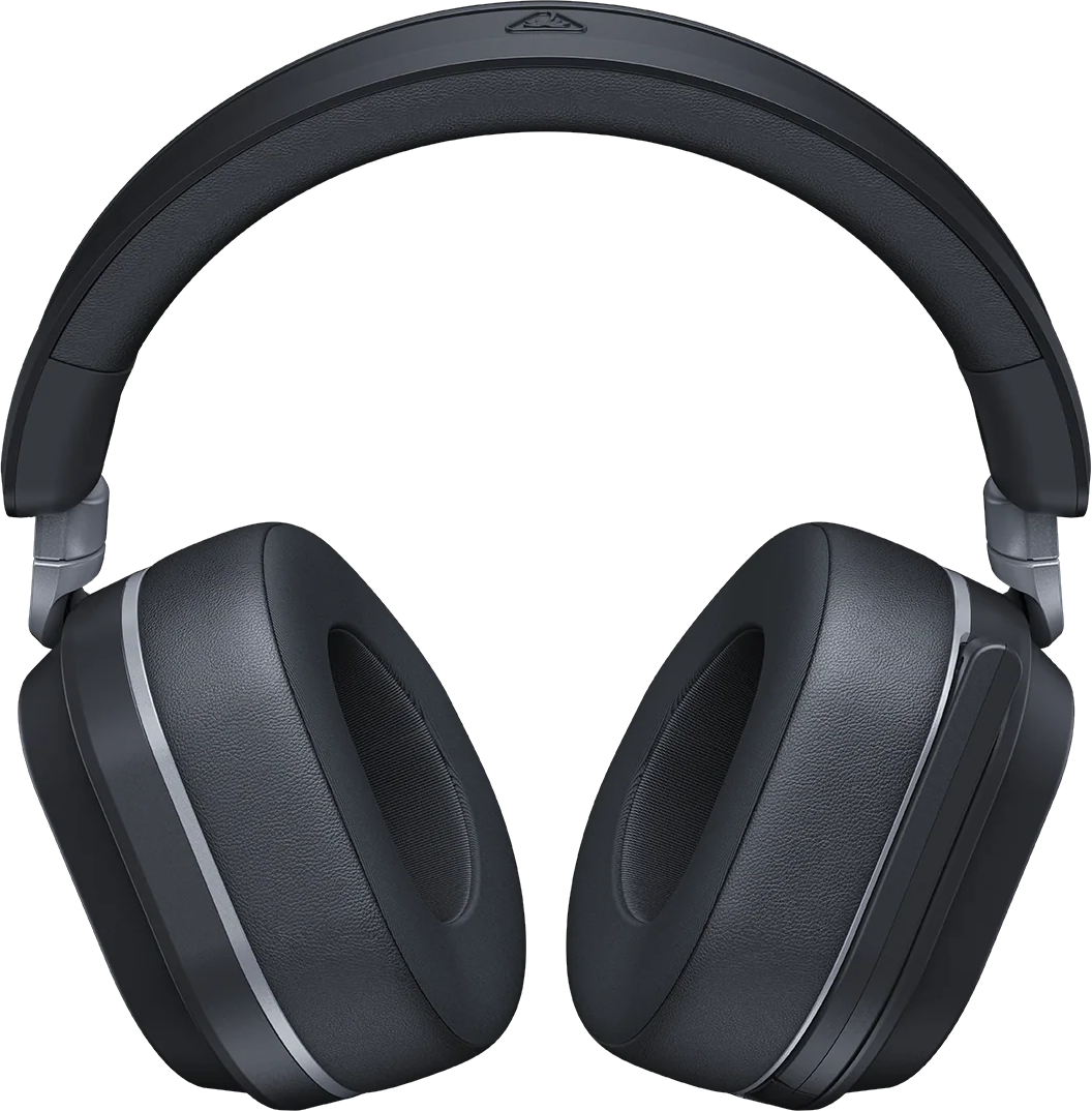 Casque sans fil noir circum-auriculaire avec coussinets rembourrés sur fond noir.