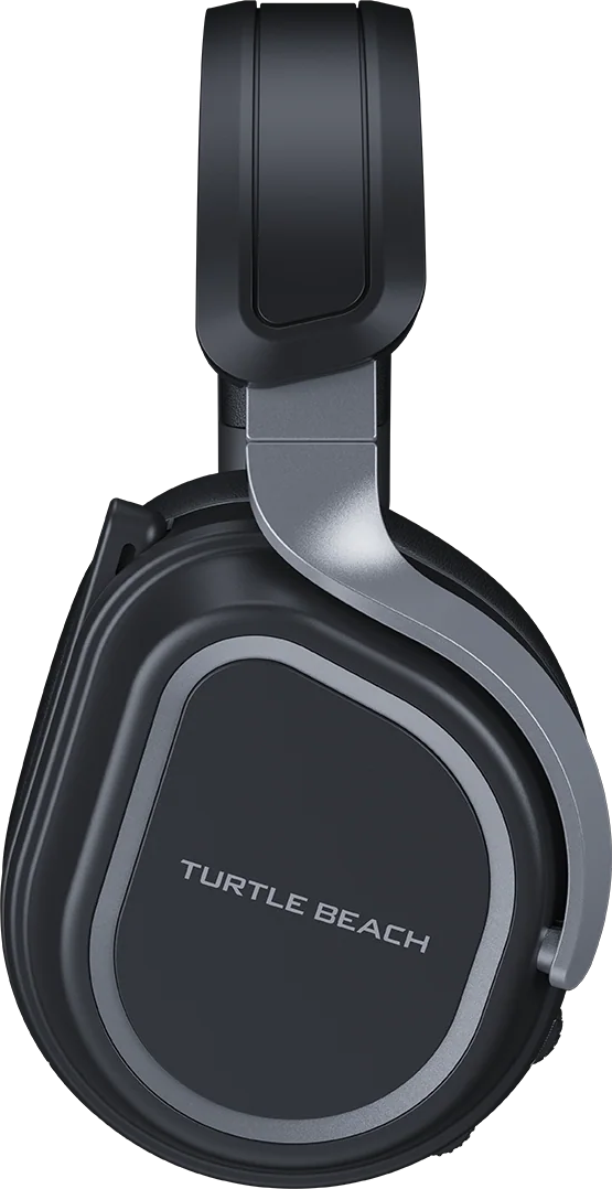 Écouteur de casque de jeu noir Turtle Beach avec des accents gris sur fond noir.