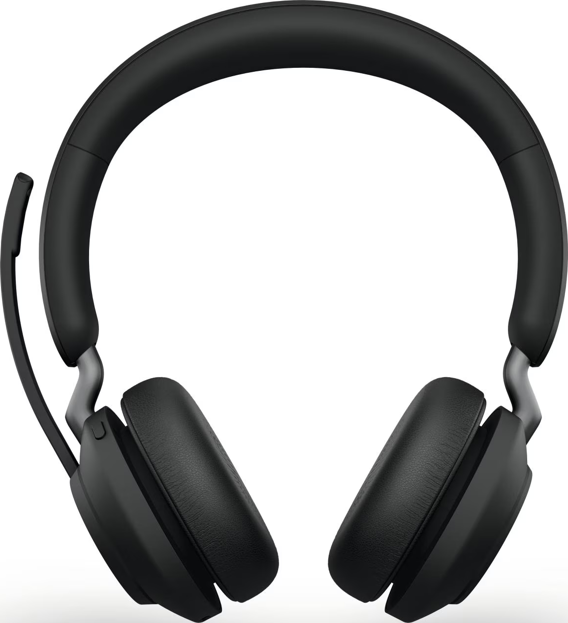 Cuffie over-ear nere con archetto e braccio del microfono integrato su sfondo bianco.