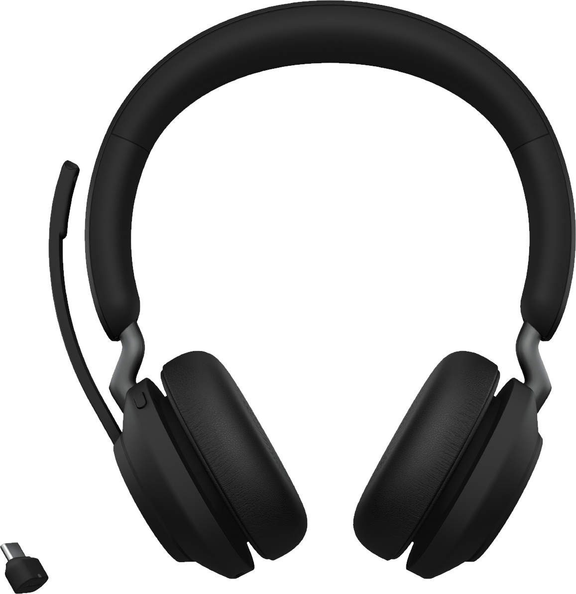 Cuffie over-ear nere con braccio del microfono e adattatore USB-C su sfondo nero.