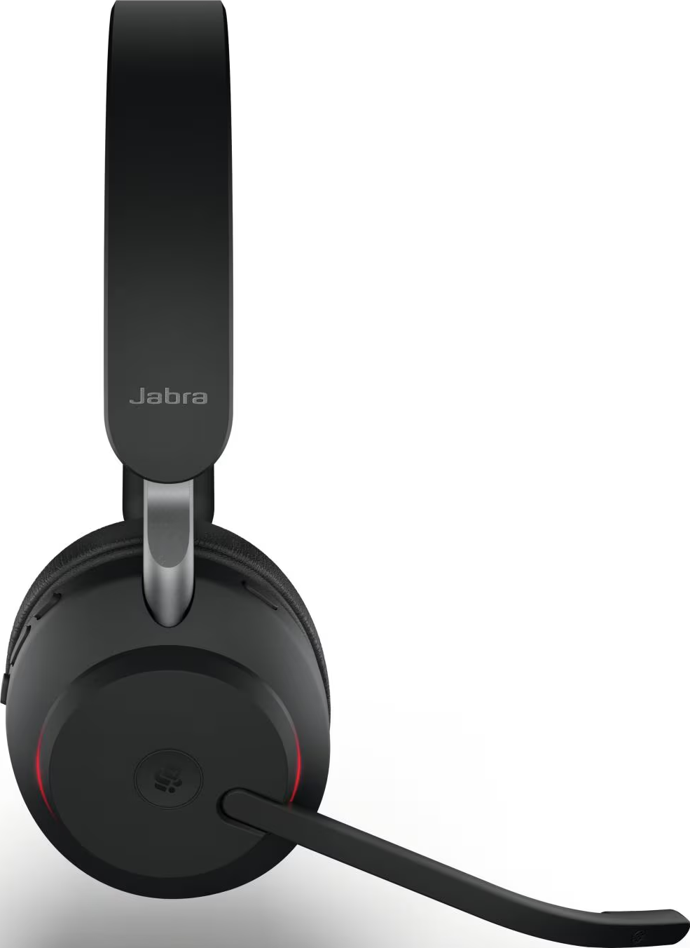 Cuffie Jabra nere con braccio del microfono e luce LED rossa su sfondo bianco.