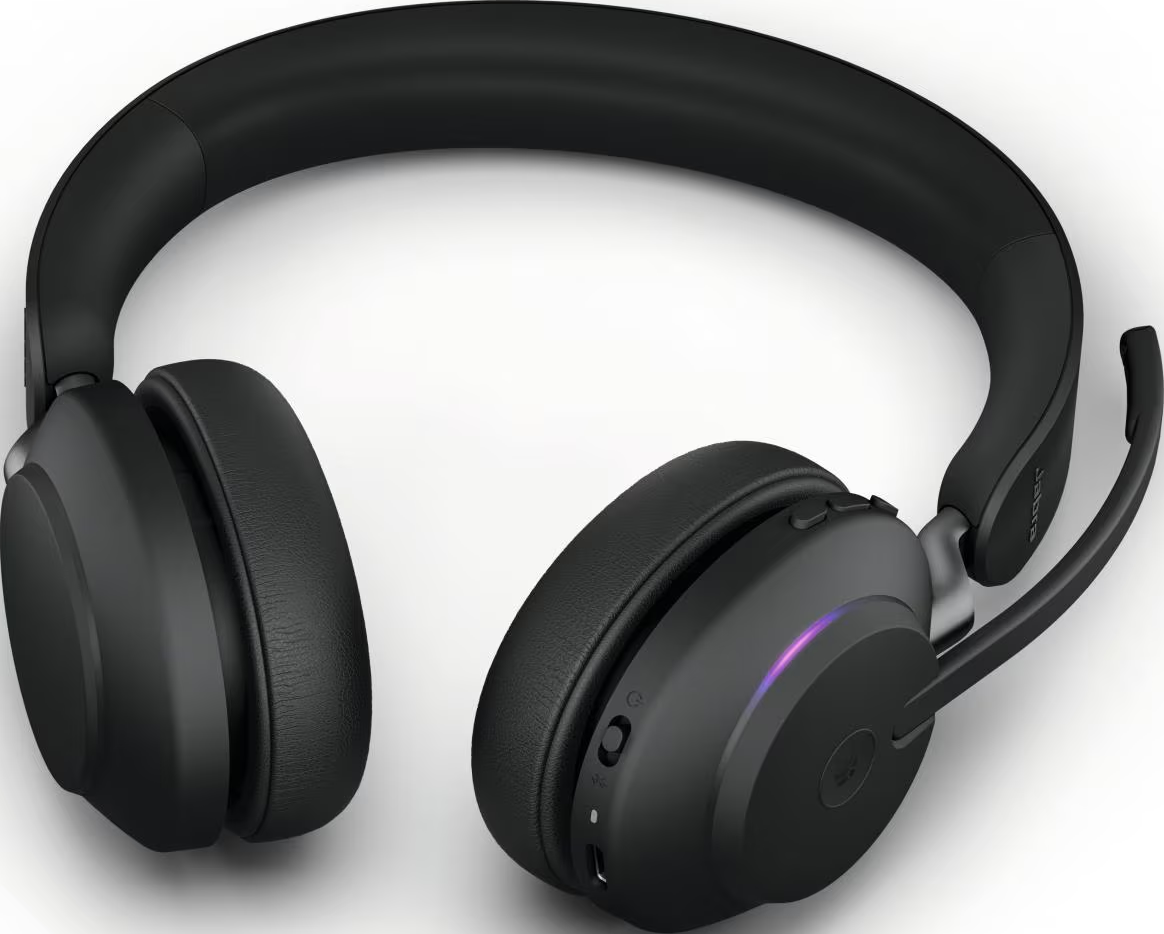 Cuffie wireless nere sovrauricolari con microfono ad asta e luce LED su sfondo bianco.