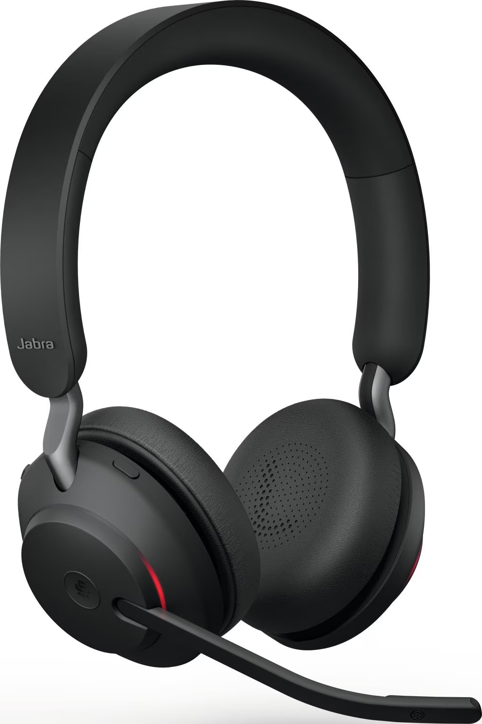 Cuffie wireless nere Jabra con asta del microfono e indicatore LED rosso.