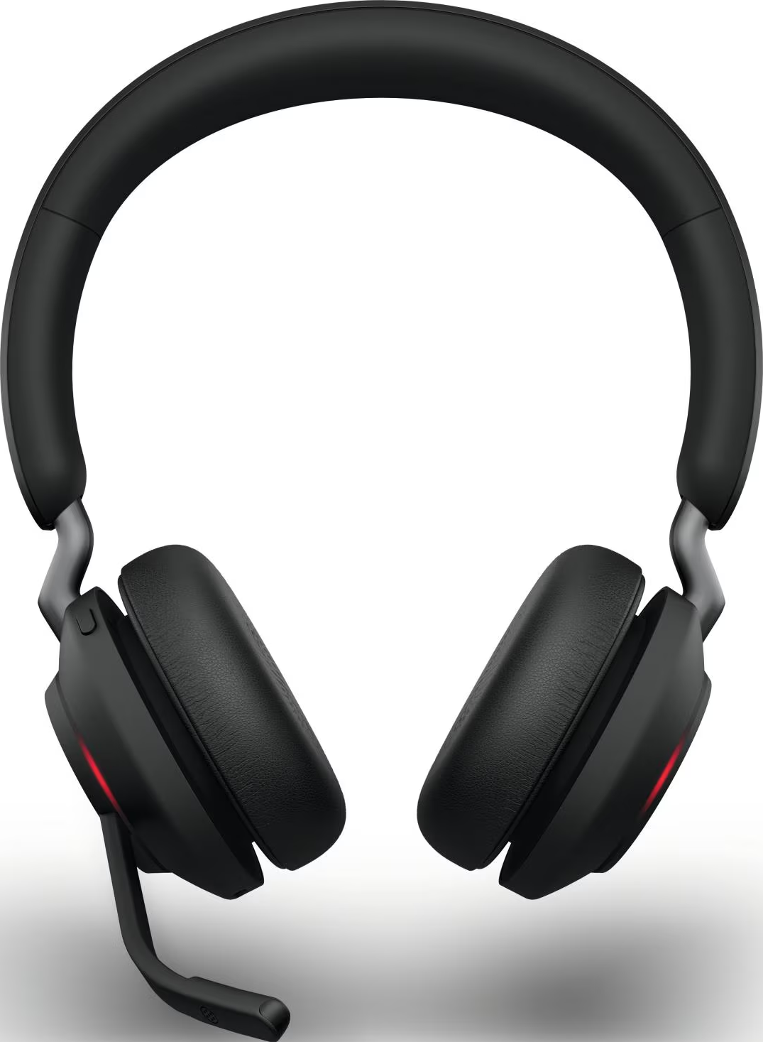 Cuffie over-ear nere con microfono ad asta e dettagli rossi su sfondo bianco.