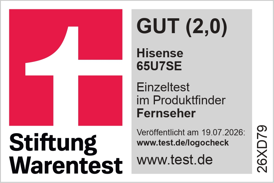 Stiftung Warentest Logo für Hisense 65U7SE mit Note GUT (2,0).