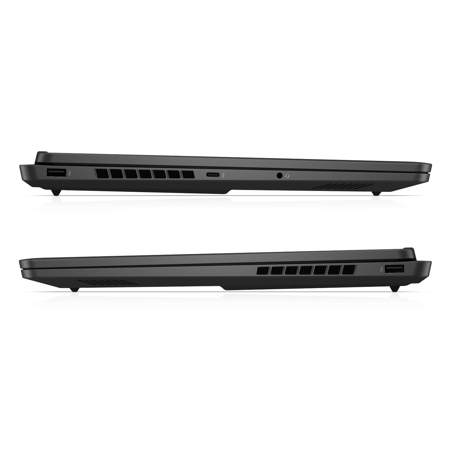 Vistas laterales de una computadora portátil negra cerrada con puertos USB, rejillas de ventilación y conector de audio.