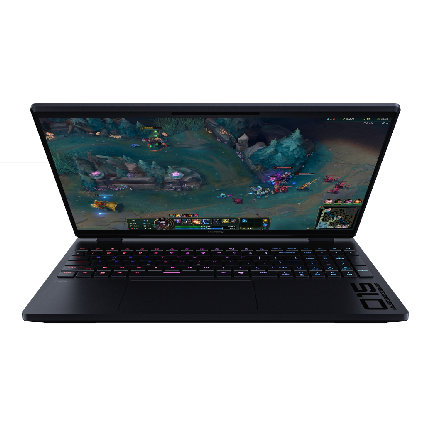 Laptop negro con pantalla abierta que muestra un videojuego, teclado iluminado y panel táctil.