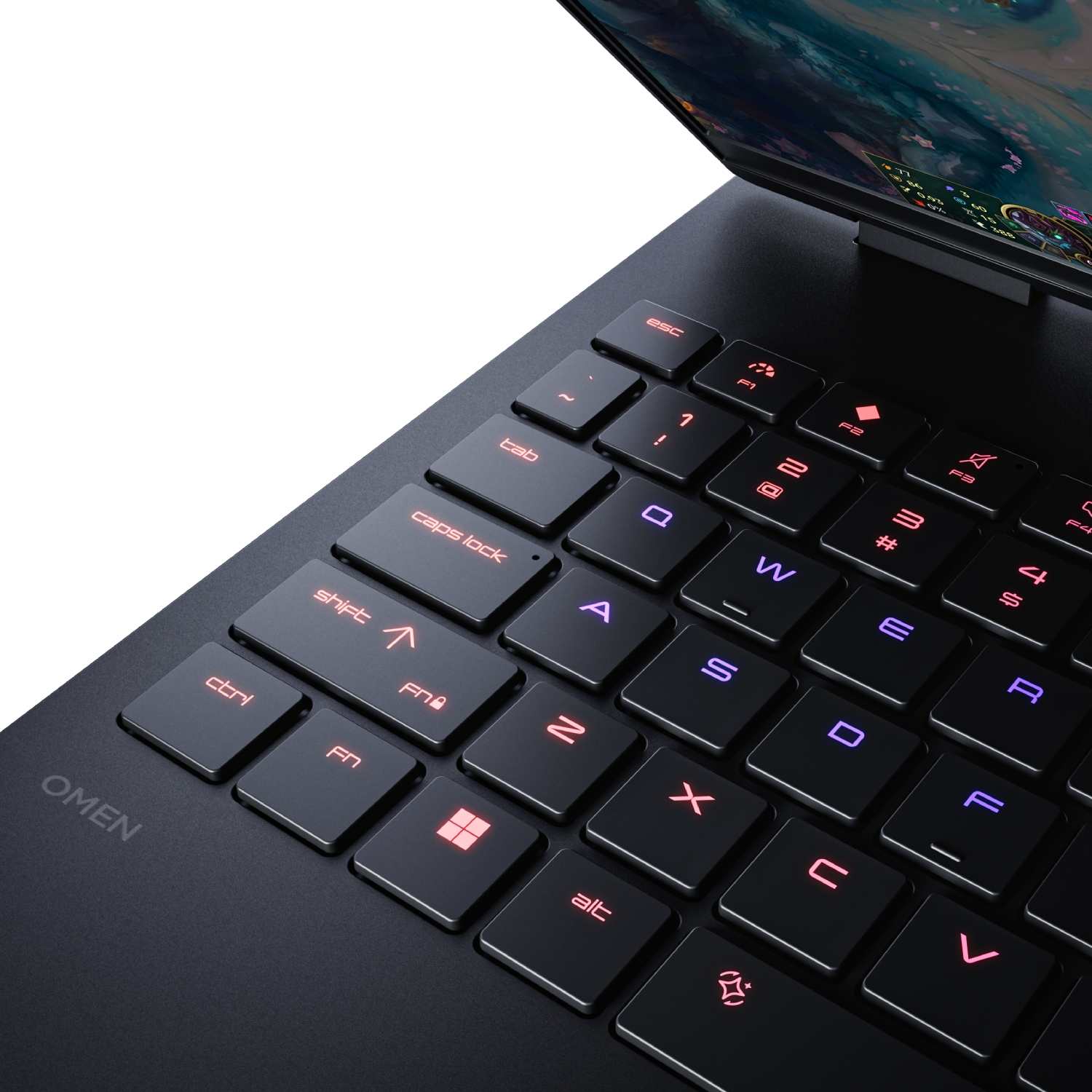 Primer plano de un teclado de portátil negro con teclas retroiluminadas en rojo y el logotipo OMEN.