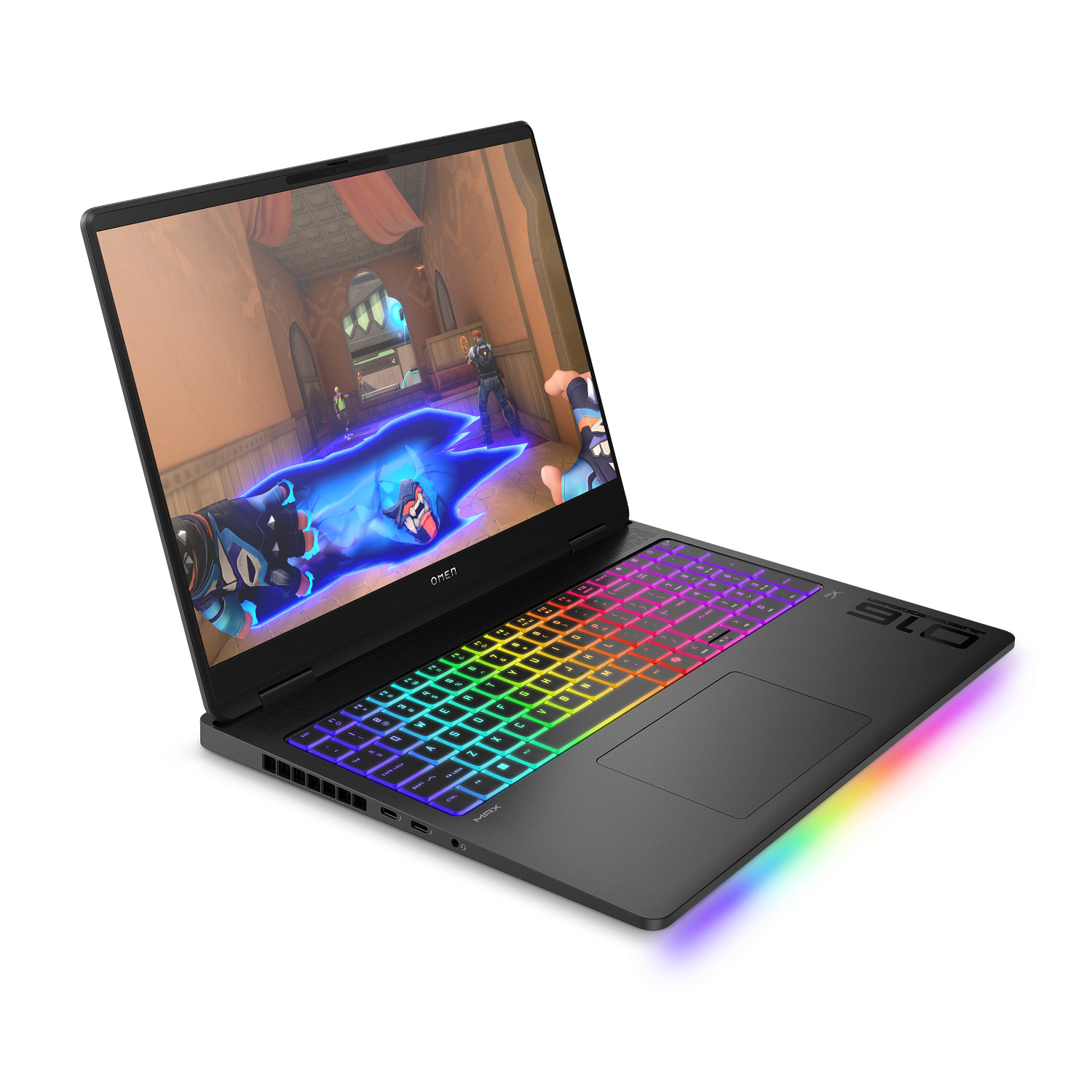 Portátil negro con iluminación RGB en teclado y base, mostrando un videojuego en la pantalla.
