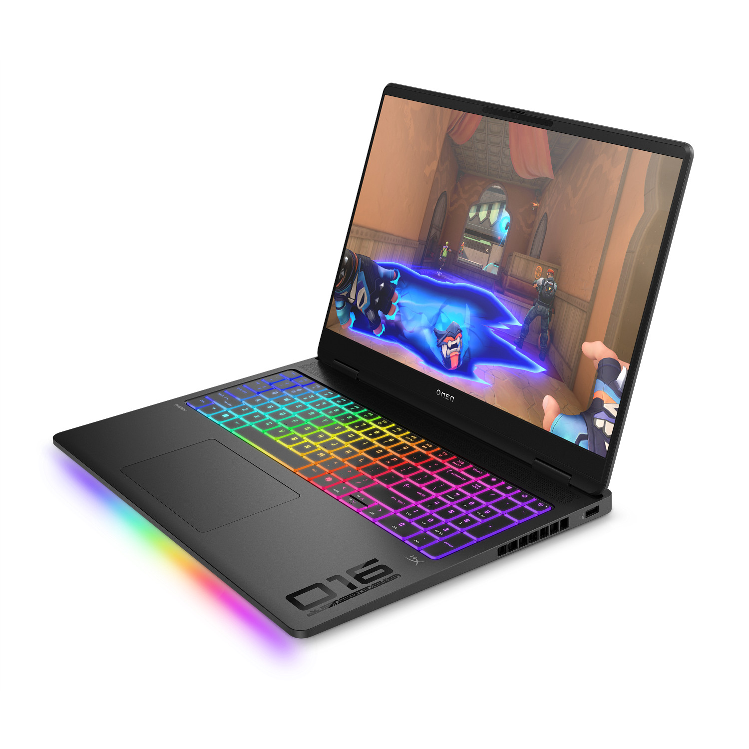 Portátil gaming OMEN 16 negro con retroiluminación RGB colorida en el teclado y pantalla abierta mostrando un videojuego.