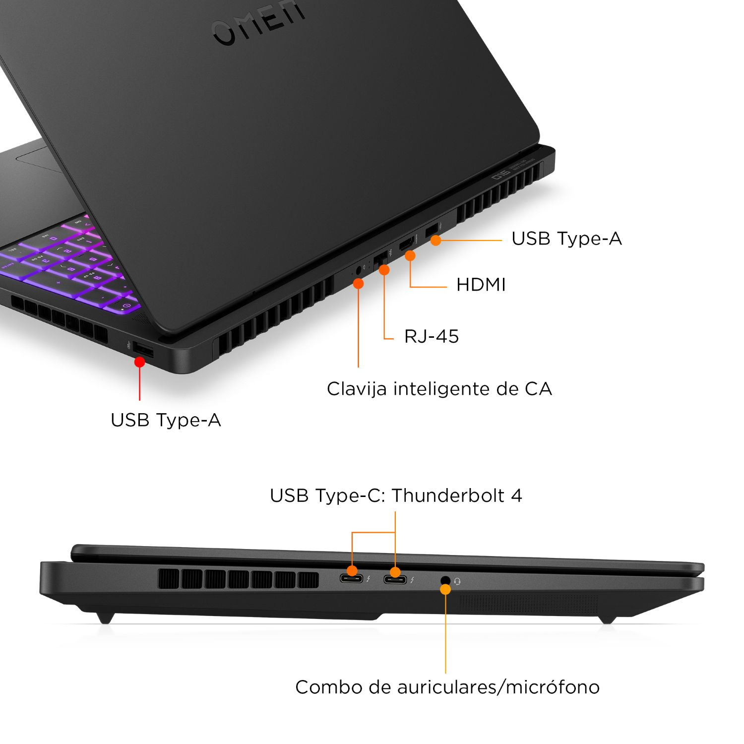 USB Type-A. HDMI. RJ-45. Clavija inteligente de CA. USB Type-A. USB Type-C: Thunderbolt 4. Combo de auriculares/micrófono.