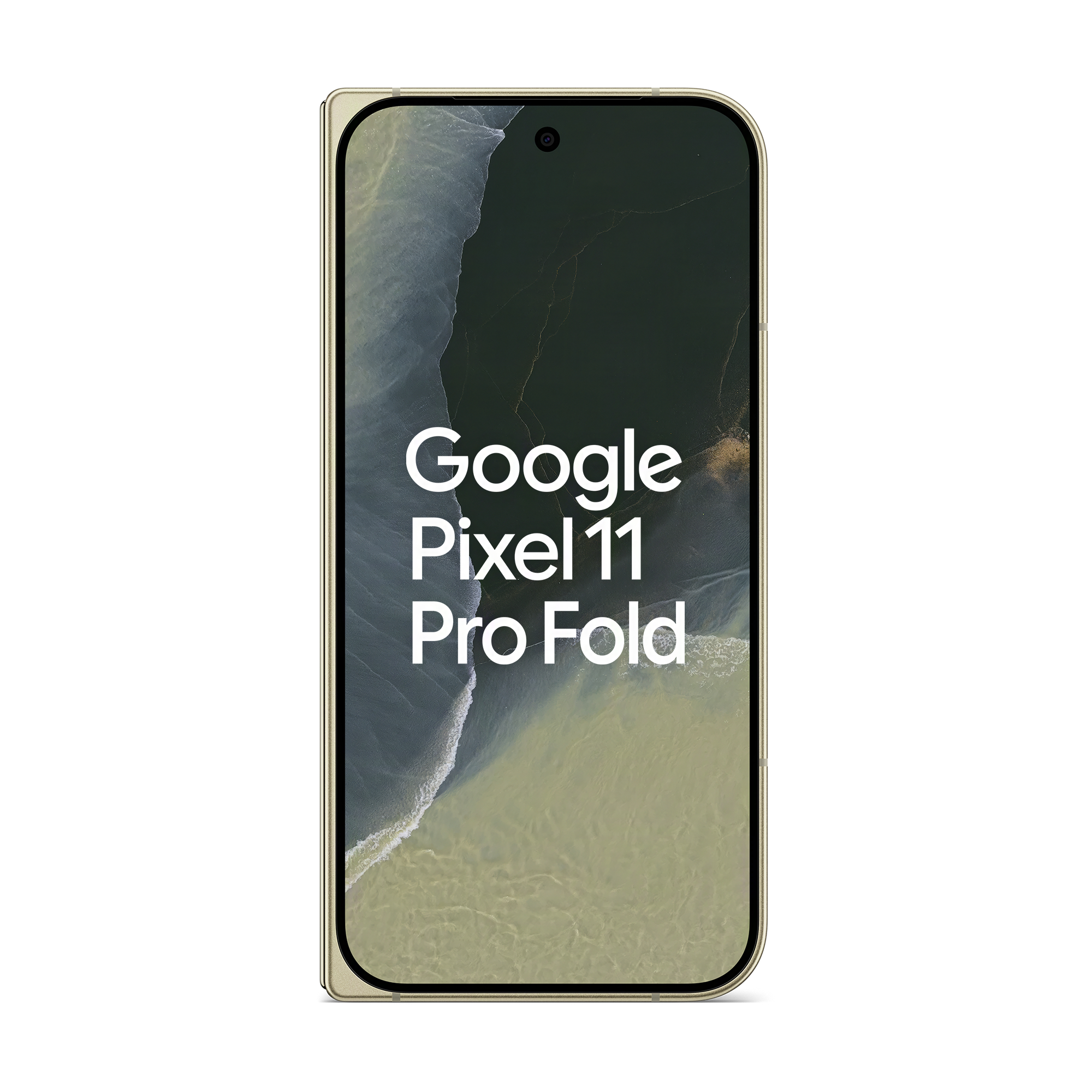 Ein goldenes Google Pixel 11 Pro Fold Smartphone zeigt Text und ein Wellenwallpaper auf dem Bildschirm.
