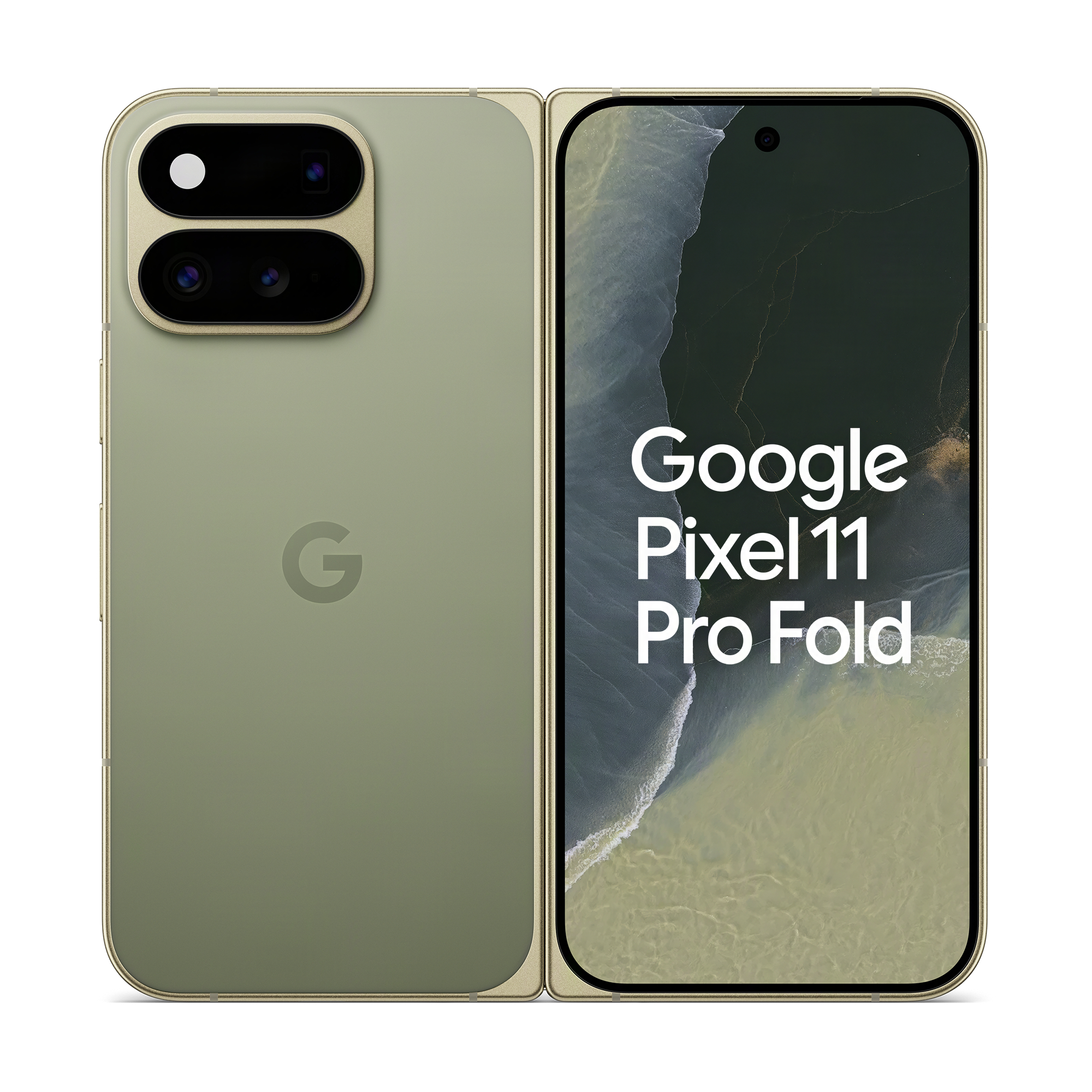 Ein olivgrünes Google Pixel 11 Pro Fold Smartphone zeigt Vorder- und Rückseite auf weißem Hintergrund.