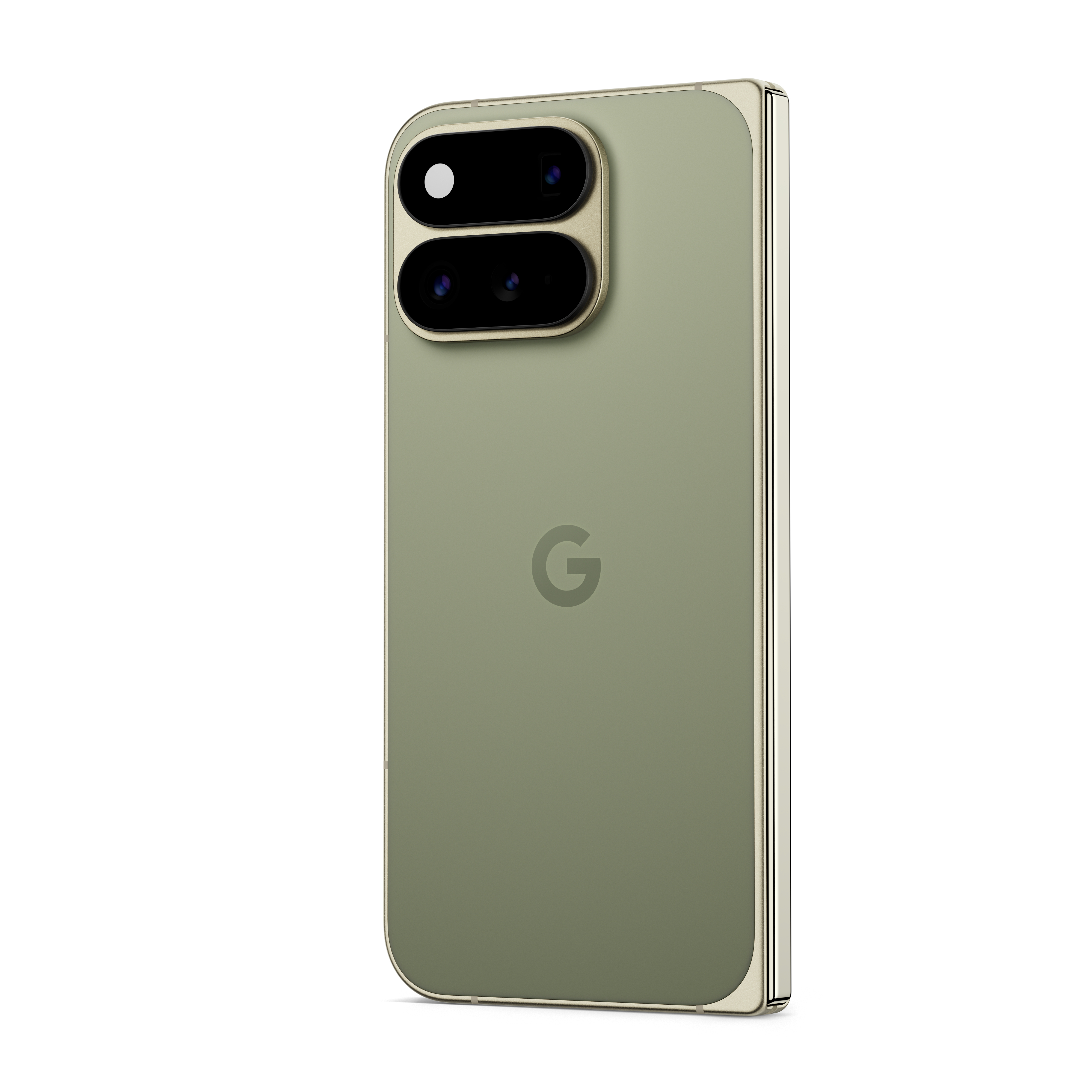 Rückseite eines hellgrünen Google-Smartphones mit zwei vertikalen Kameramodulen und dem Google-Logo.