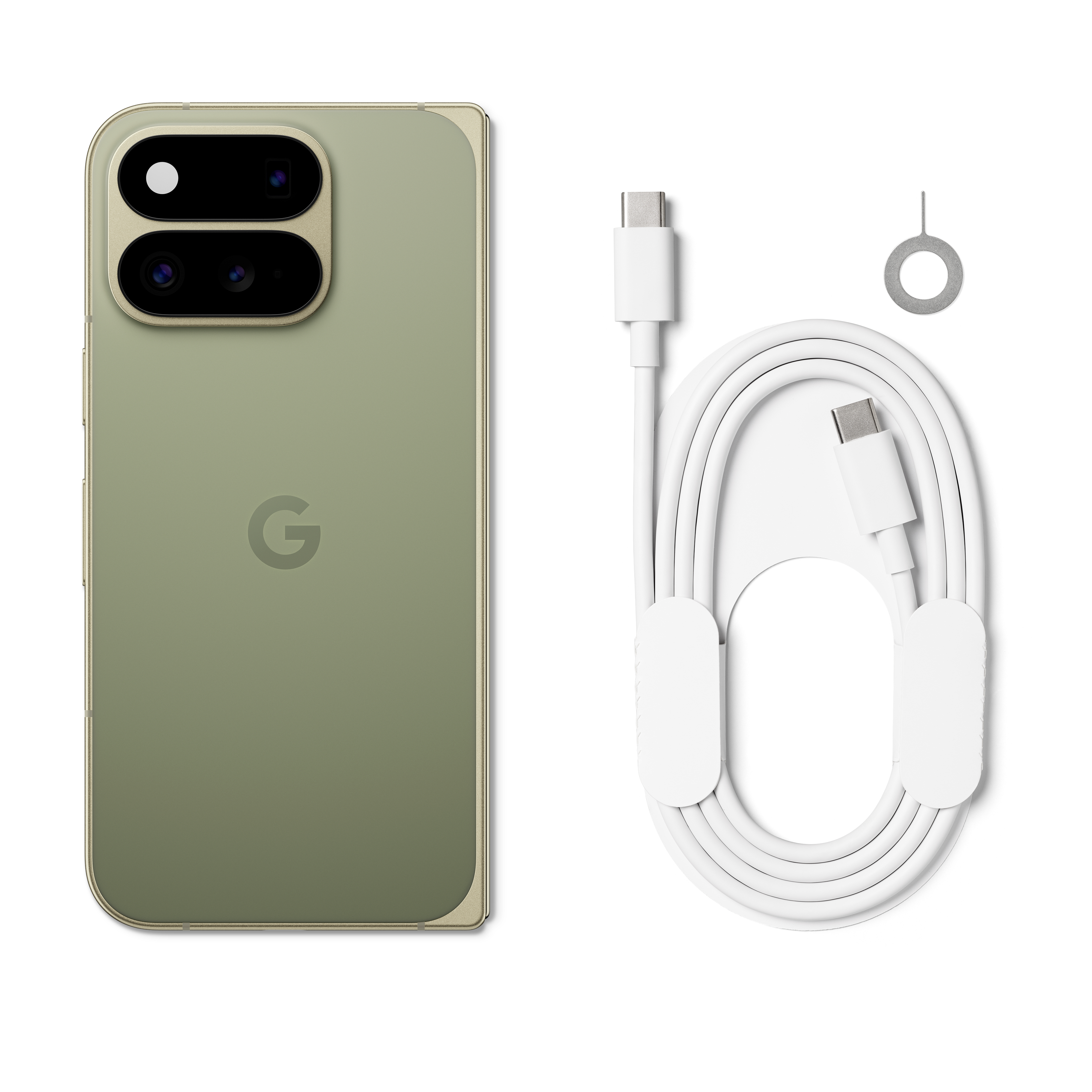Ein salbeigrünes Smartphone mit zwei Kameramodulen, ein weißes USB-C-Kabel und ein SIM-Karten-Auswurfwerkzeug auf weiß.