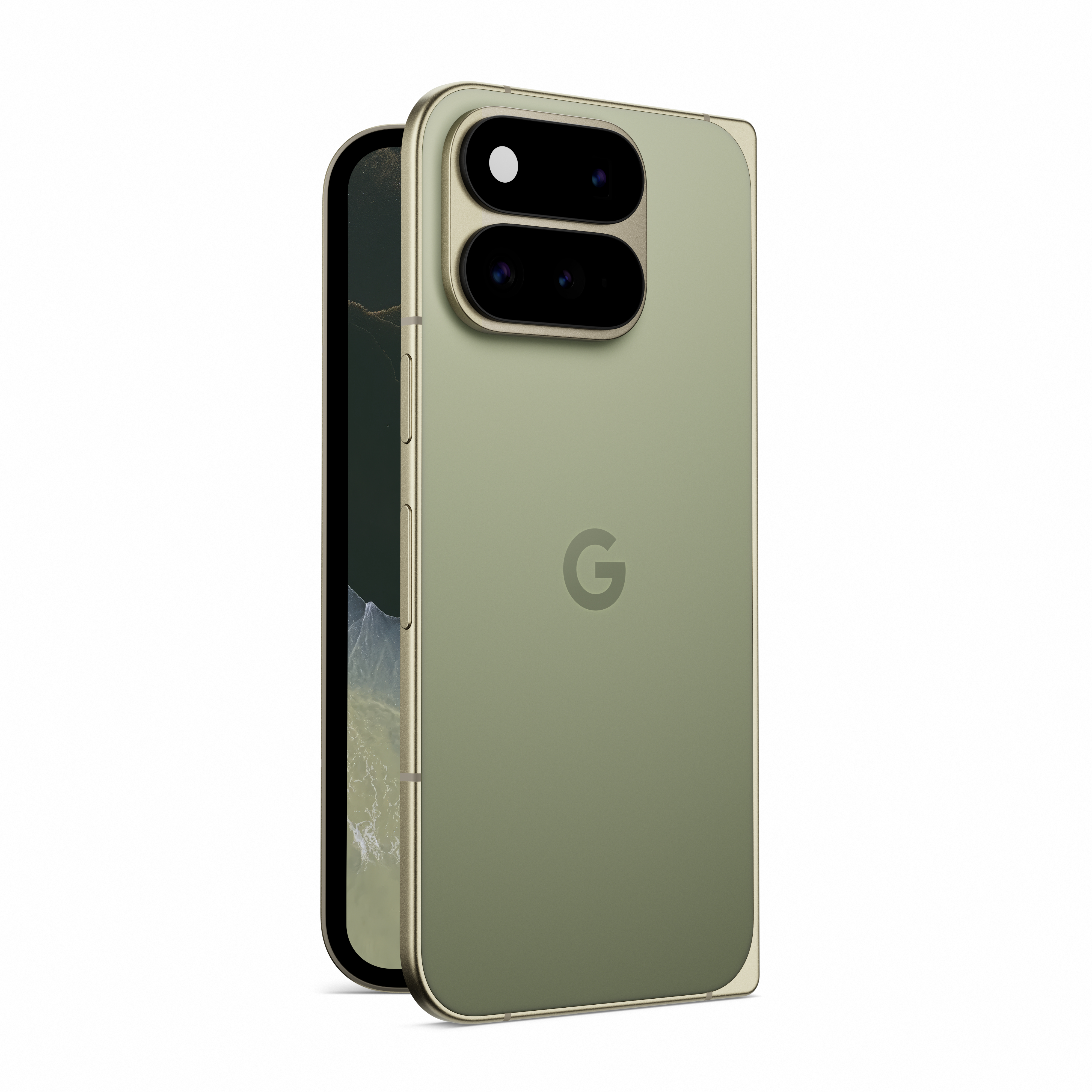 Ein hellgrünes faltbares Smartphone mit Dual-Kamera und Google-Logo auf der Rückseite, leicht geöffnet.