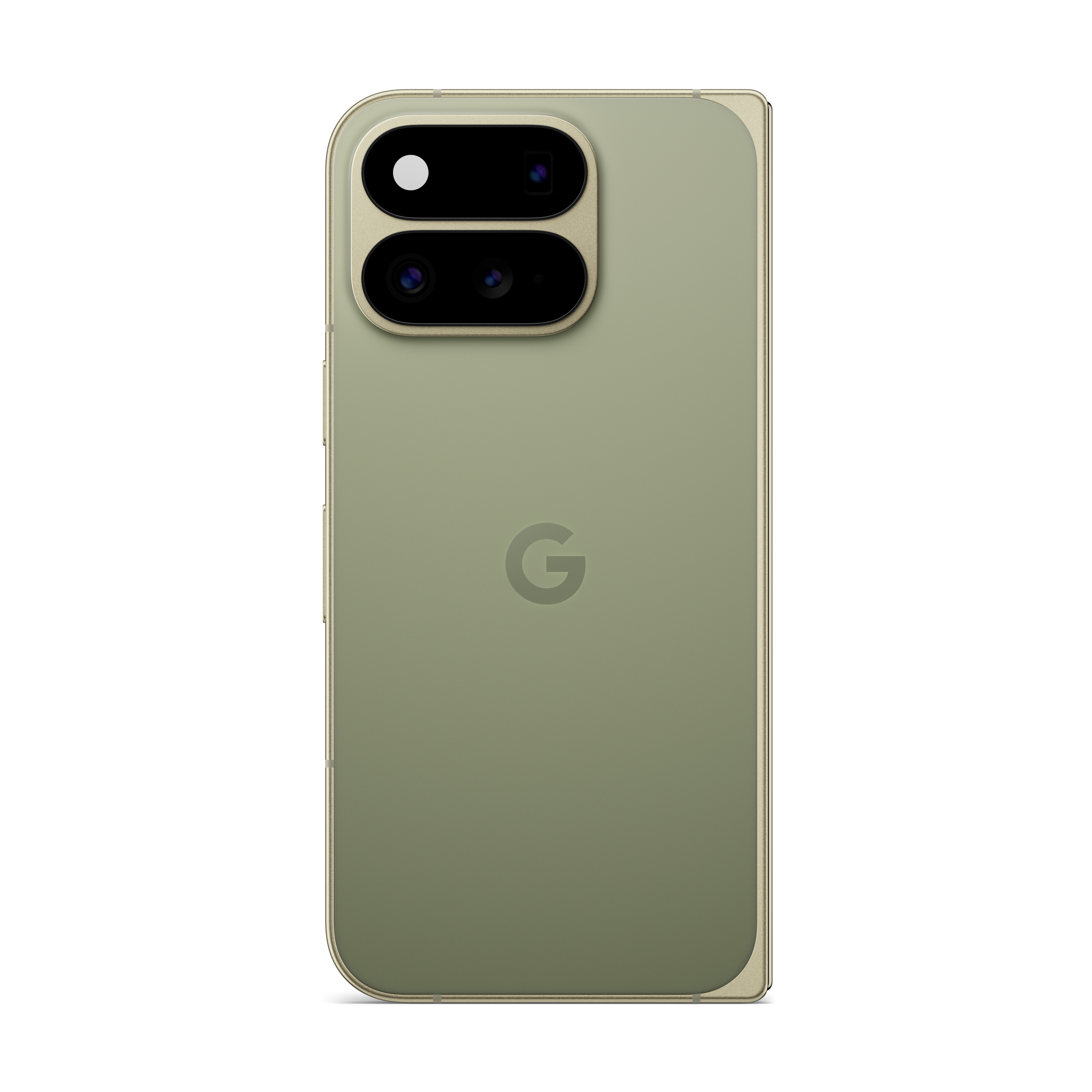 Rückseite eines hellgrünen Smartphones mit Dual-Kamera und Google-G-Logo.