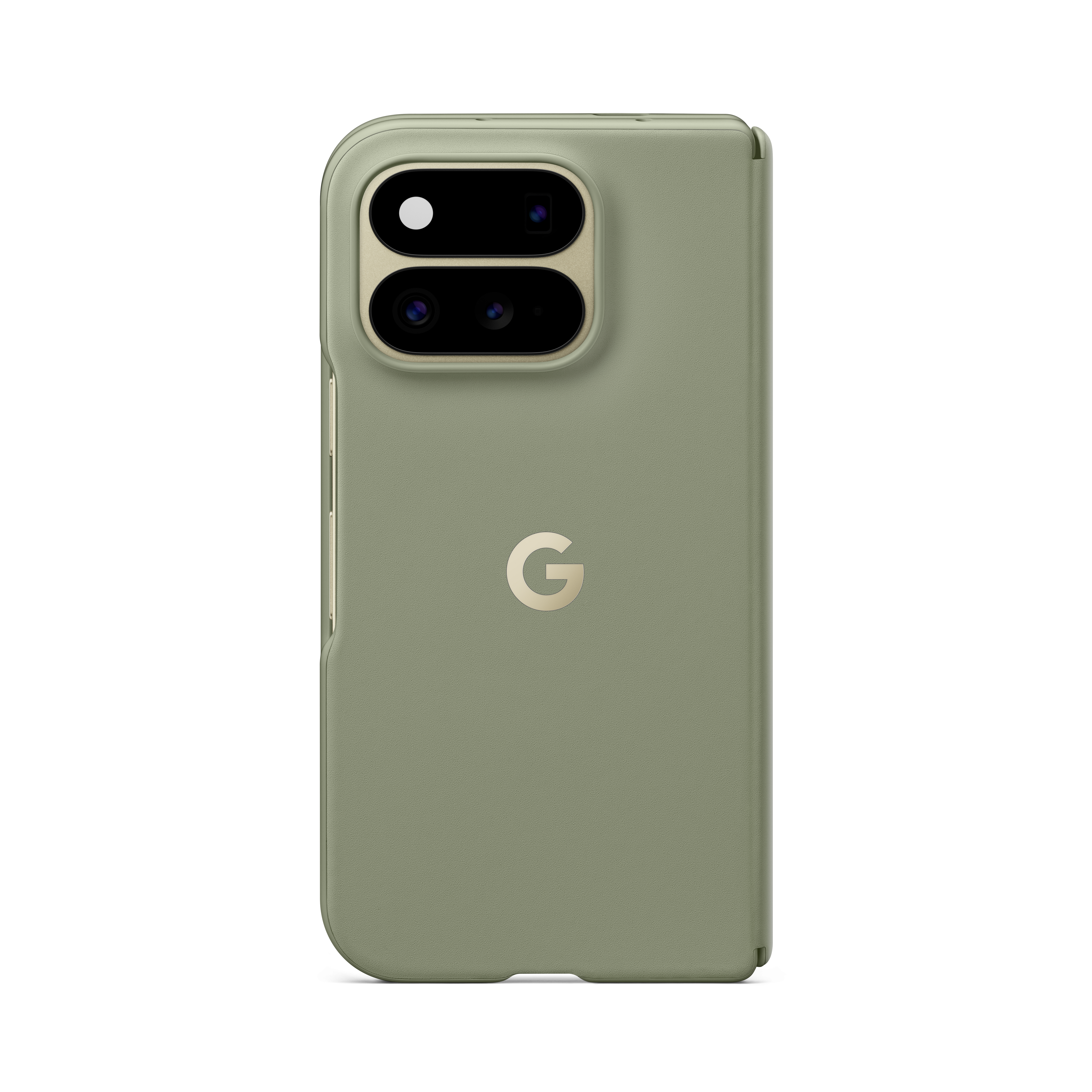 Grünes Falttelefon in Hülle mit zwei Kameramodulen und dem goldenen Google-Logo auf der Rückseite.