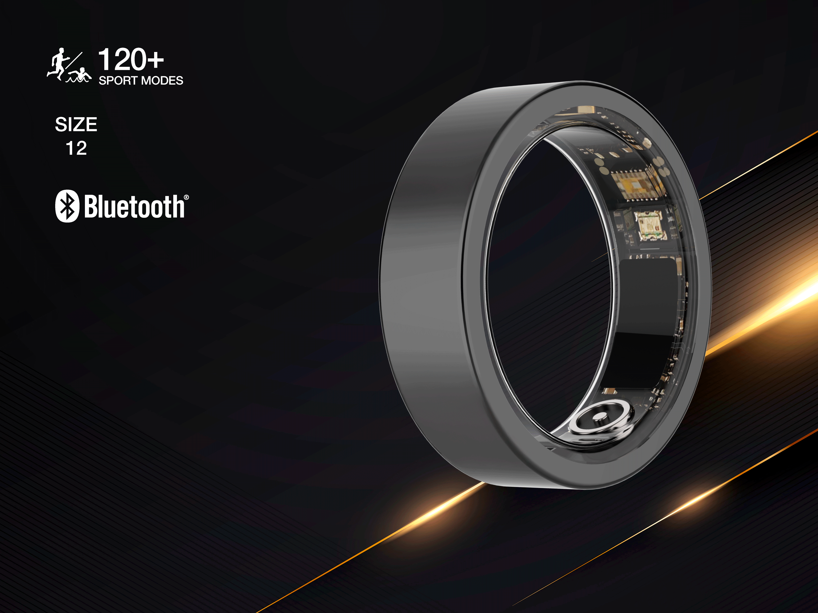 Une bague intelligente noire élégante montrant des circuits internes, avec le Bluetooth et des icônes sport sur fond noir.