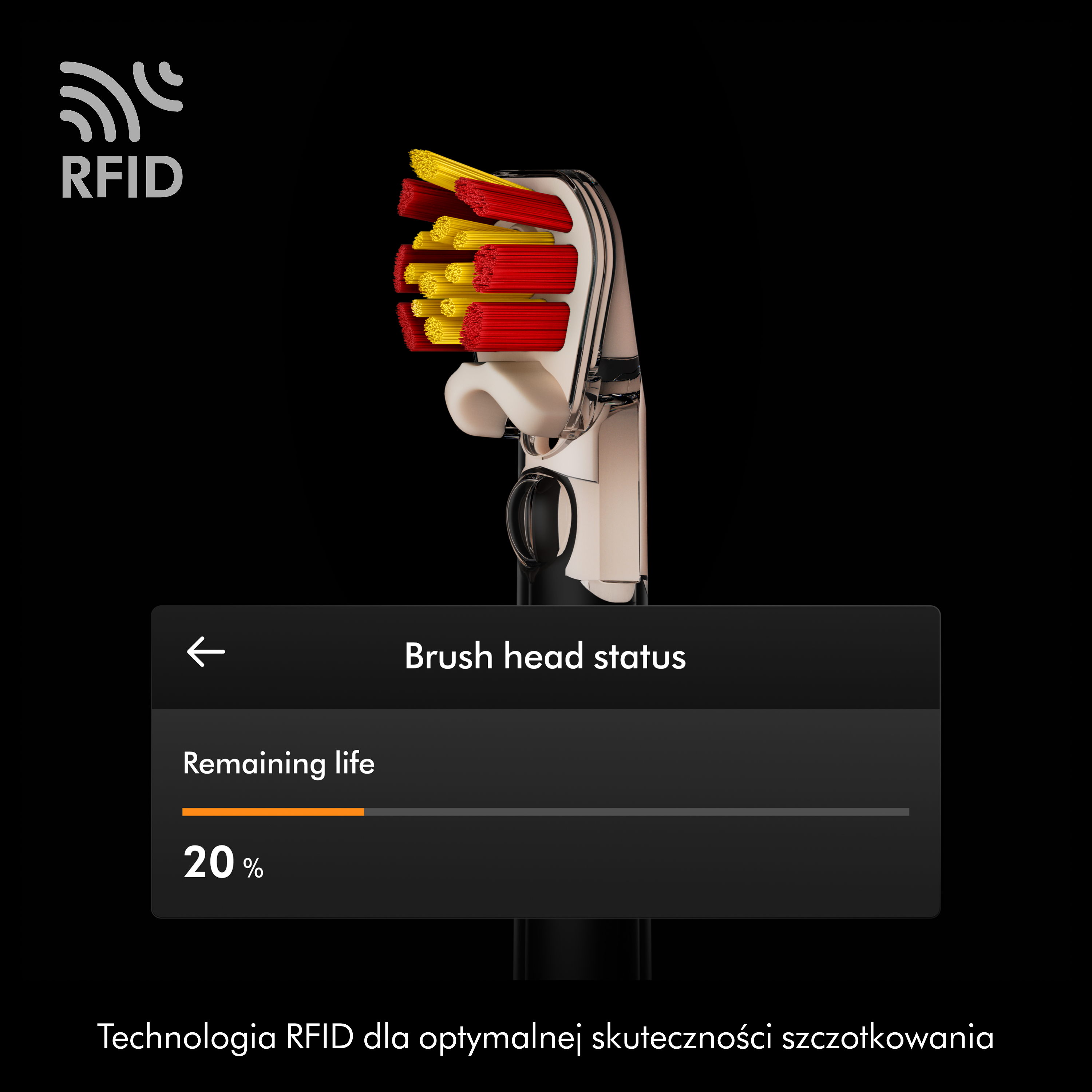Główka szczoteczki RFID ze statusem aplikacji wskazującym 20% żywotności.