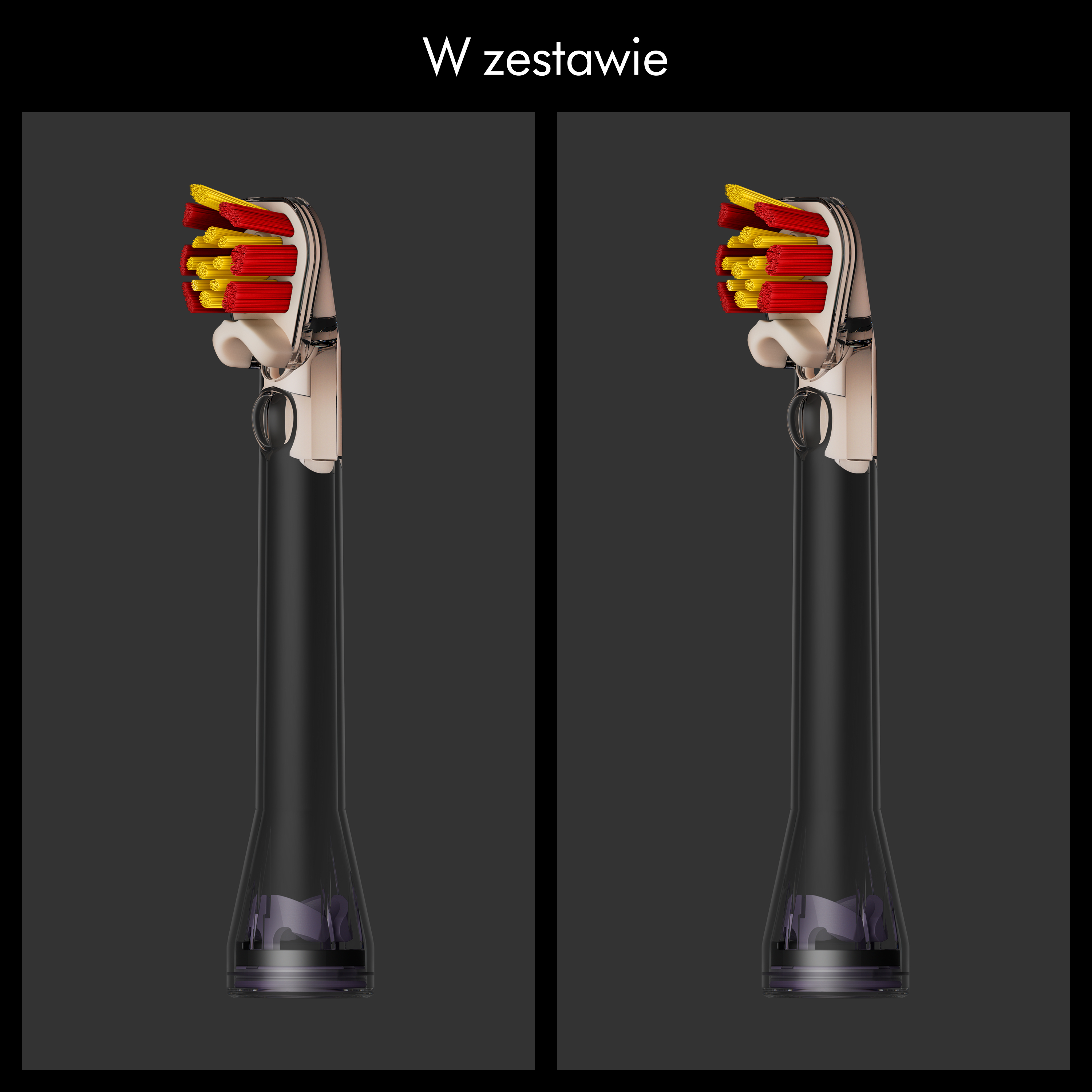 Dwie czarne główki szczoteczek elektrycznych z czerwonymi i żółtymi włosiami na szarym tle.