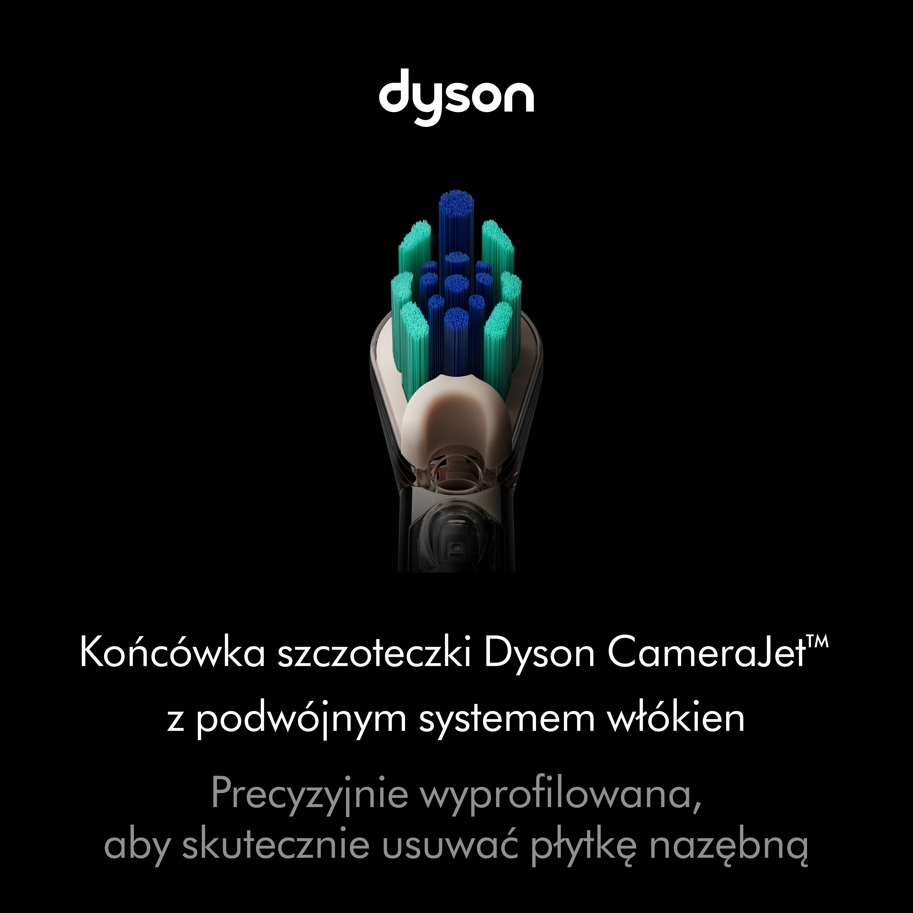 Główka szczoteczki Dyson z niebieskimi i zielonymi włoskami na czarnym tle.