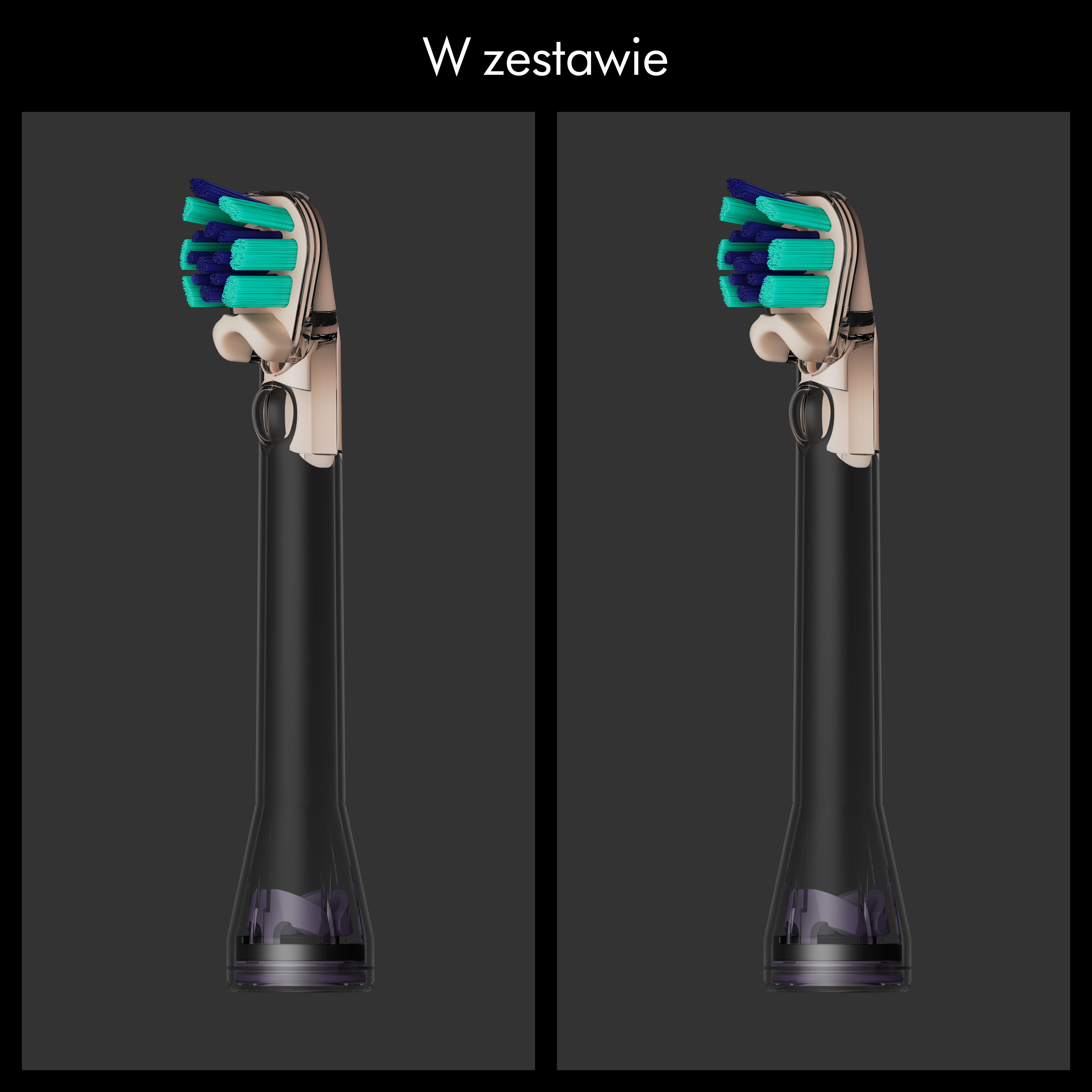 Dwie identyczne główki szczoteczek elektrycznych z niebieskim i turkusowym włosieniem na szarym tle.
