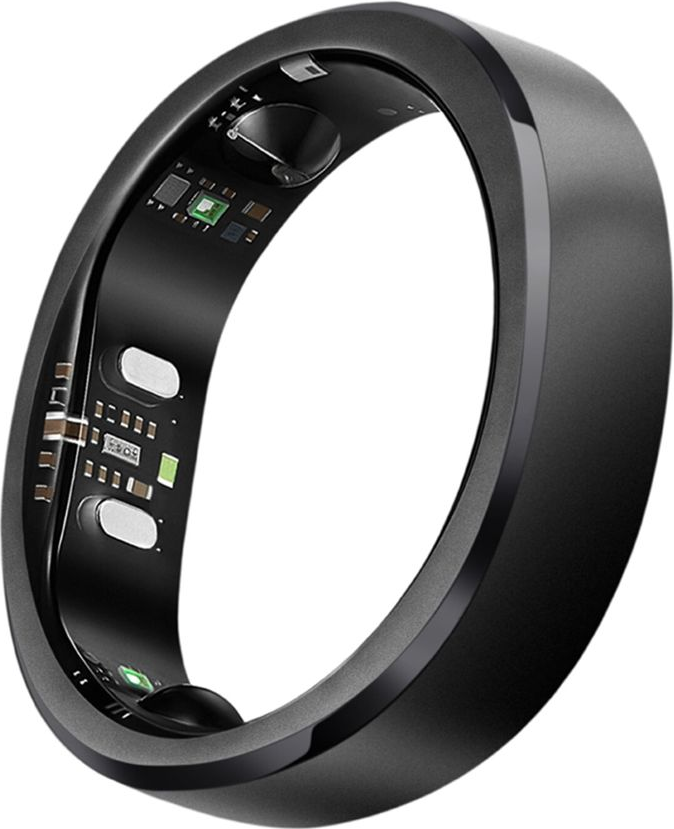 Anello smart nero con sensori sulla fascia interna su sfondo bianco.