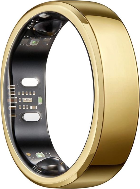 Un anello smart dorato e lucido mostra sensori e microchip all'interno.