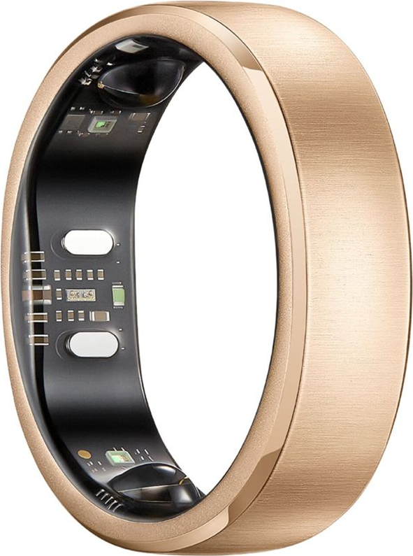 Un anello intelligente color oro che mostra sensori e componenti elettronici sulla fascia interna nera.
