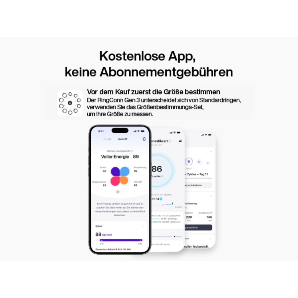 Schermi di smartphone mostrano l'app RingConn, con note su app gratuita e istruzioni per le taglie.