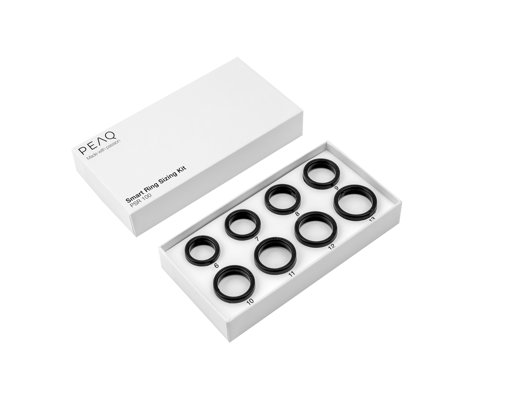 Ein wei ßes Set mit Smart-Ring-Größen und acht schwarzen Ringen und geöffneter Schachtel.