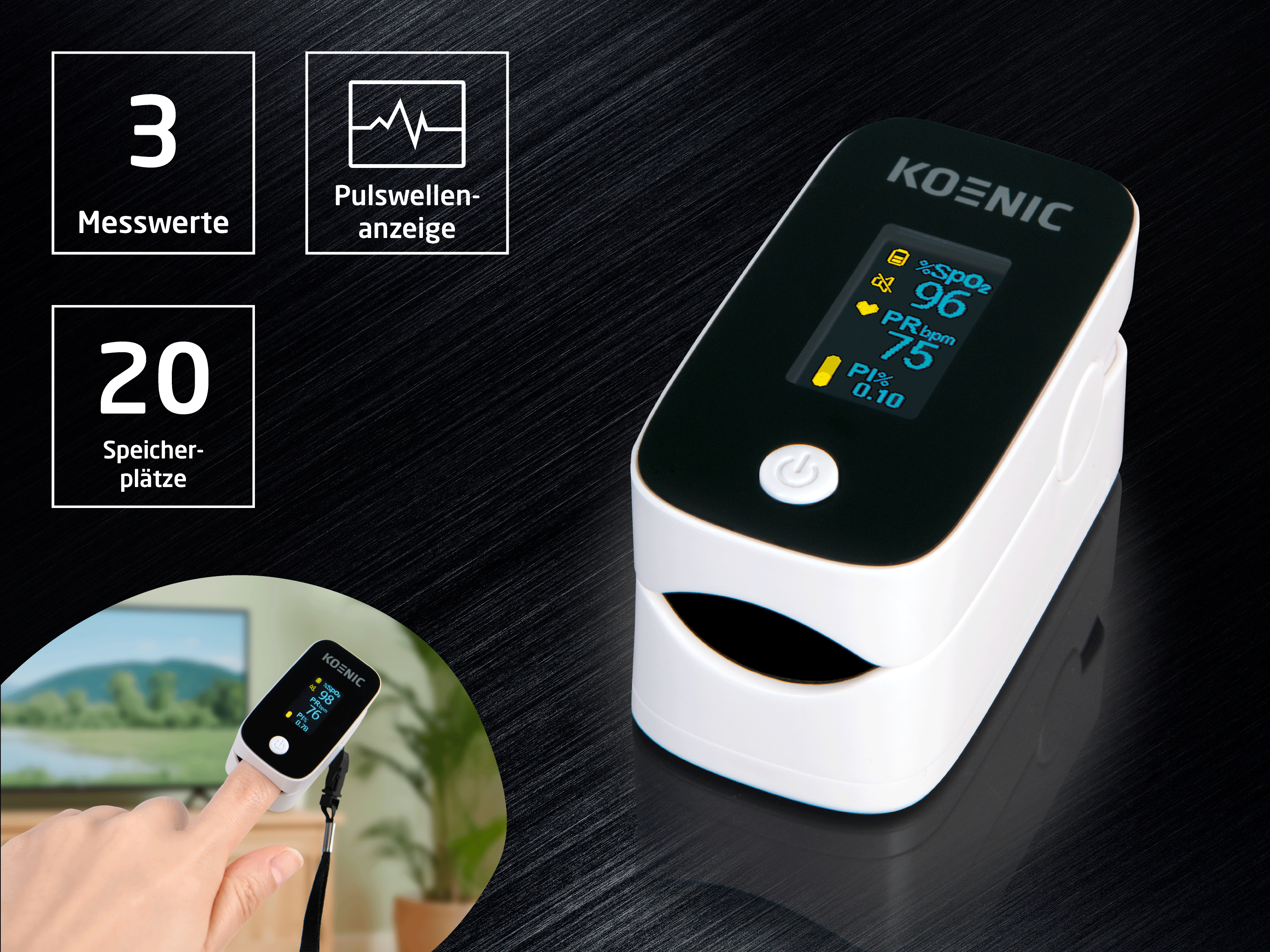 Ein weißer Koenic Pulsoximeter mit Digitaldisplay auf schwarzem Hintergrund, mit Icons für Funktionen und In-Use-Szene.