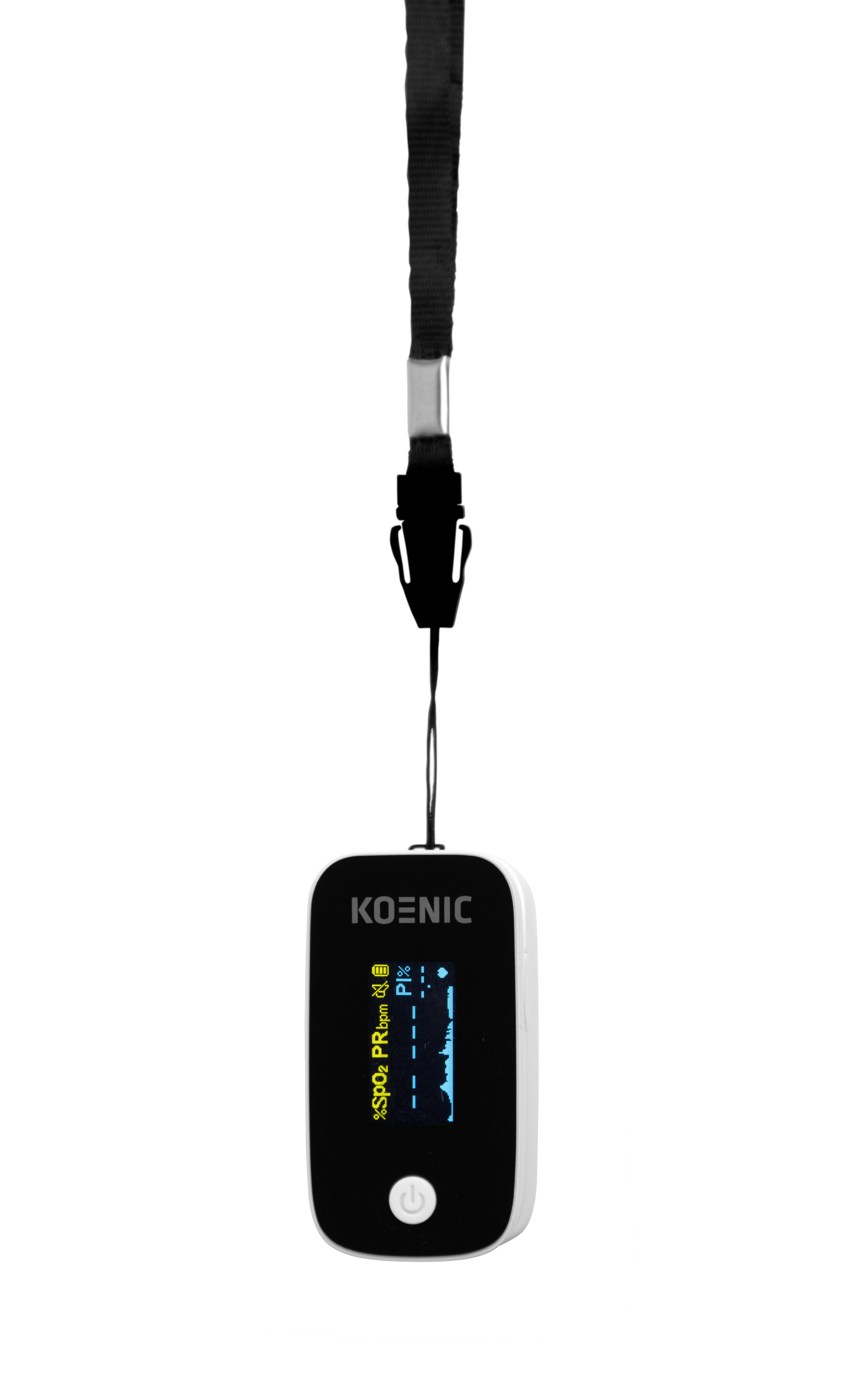 Ein weiß-schwarzes Pulsoximeter mit digitalem Display und schwarzem Umhängeband vor schwarzem Hintergrund.