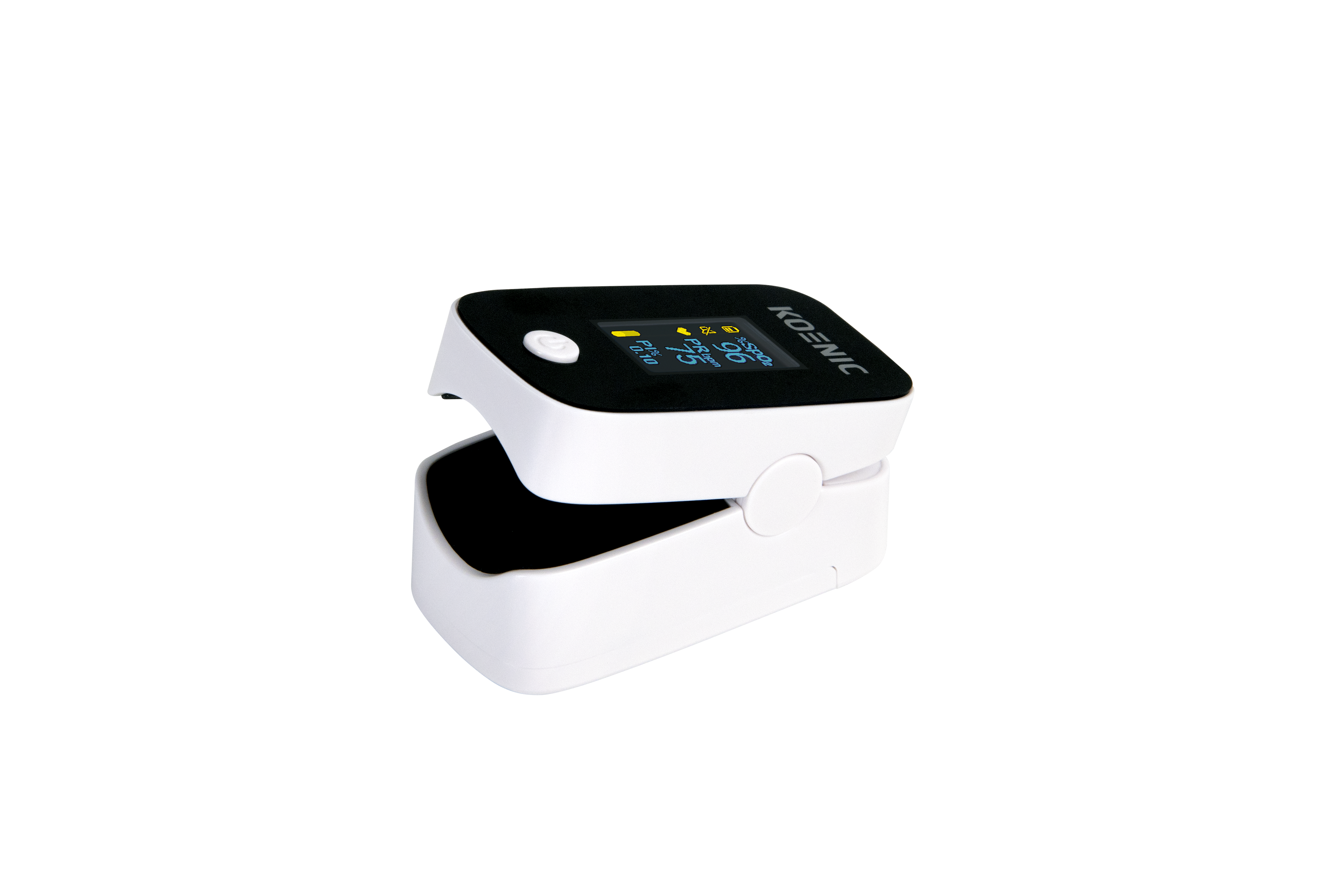Ein weiß-schwarzes Pulsoximeter mit digitaler Anzeige auf schwarzem Hintergrund.