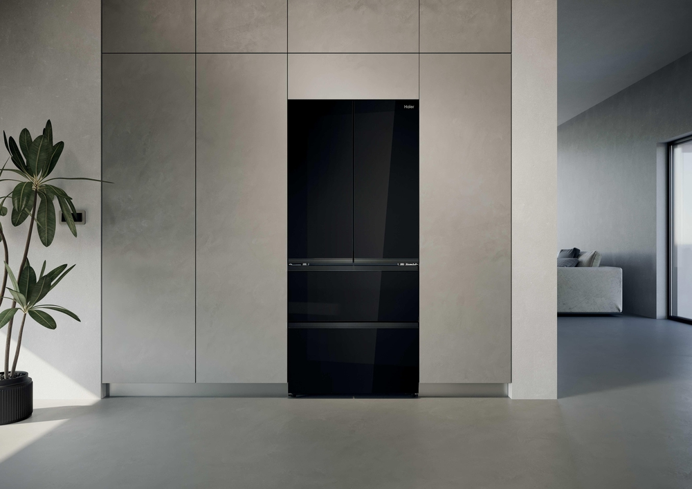 Ein schwarzer Einbaukühlschrank in einer modernen Wandverkleidung mit einer Pflanze links und Blick auf ein Sofa rechts.