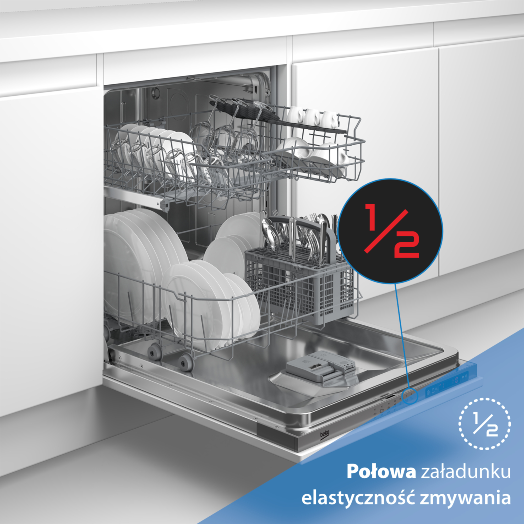 Otwarta biała zmywarka z załadowanymi koszami i czerwoną ikoną 1/2 oznaczającą funkcję połowy załadunku.