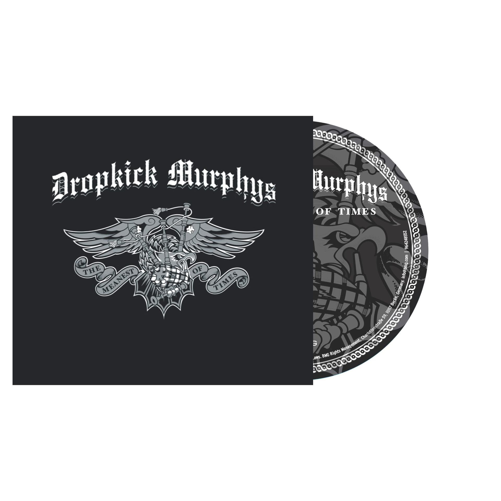 Dropkick Murphys CD-Cover und Disc in Schwarz mit weißem Adler-Logo und Schriftzug The Meanest of Times.