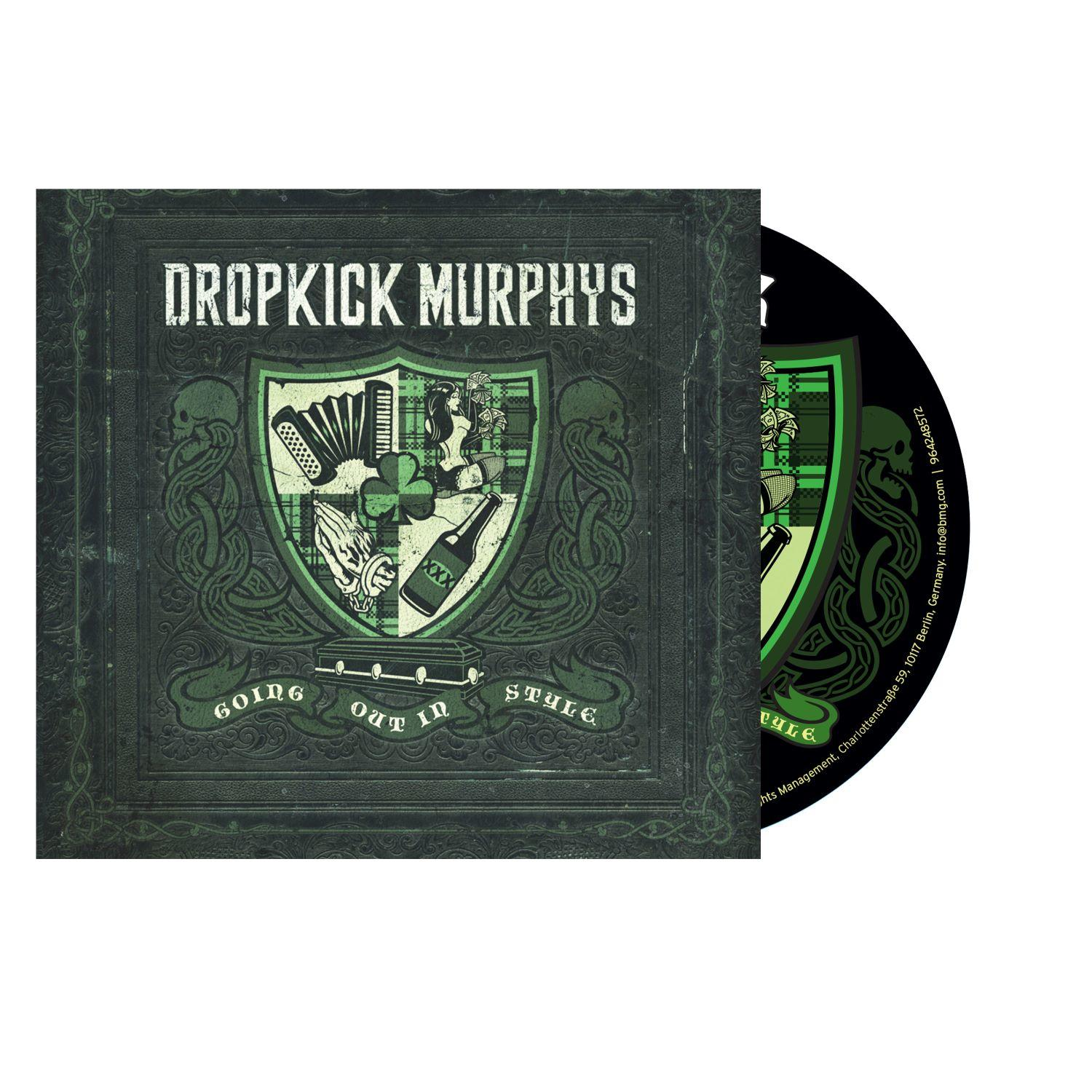 Dropkick Murphys CD-Cover mit grünem Wappen, Totenköpfen und Text Going Out in Style auf dunkelgrünem Hintergrund.