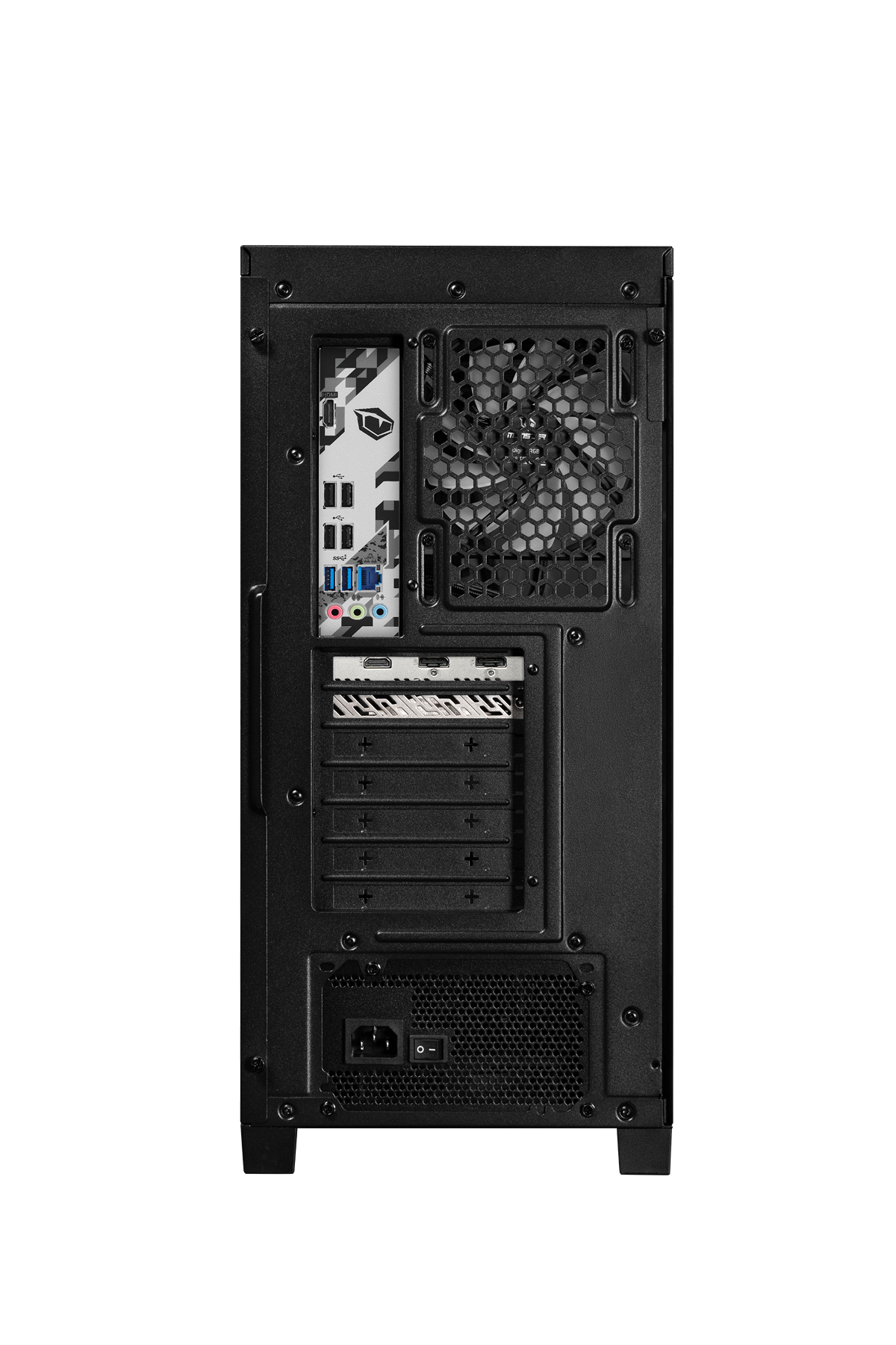 Giriş/çıkış portları, fan, genişletme yuvaları ve altta güç kaynağı olan siyah bir PC kasasının arka görünümü.